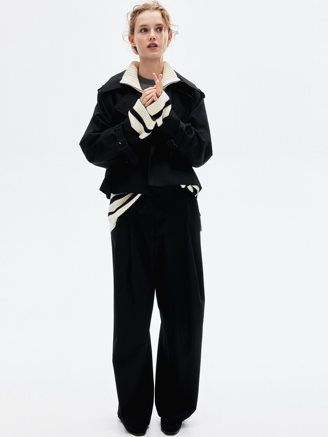 

H&M Women Pleat-front Twill Trousers, Black