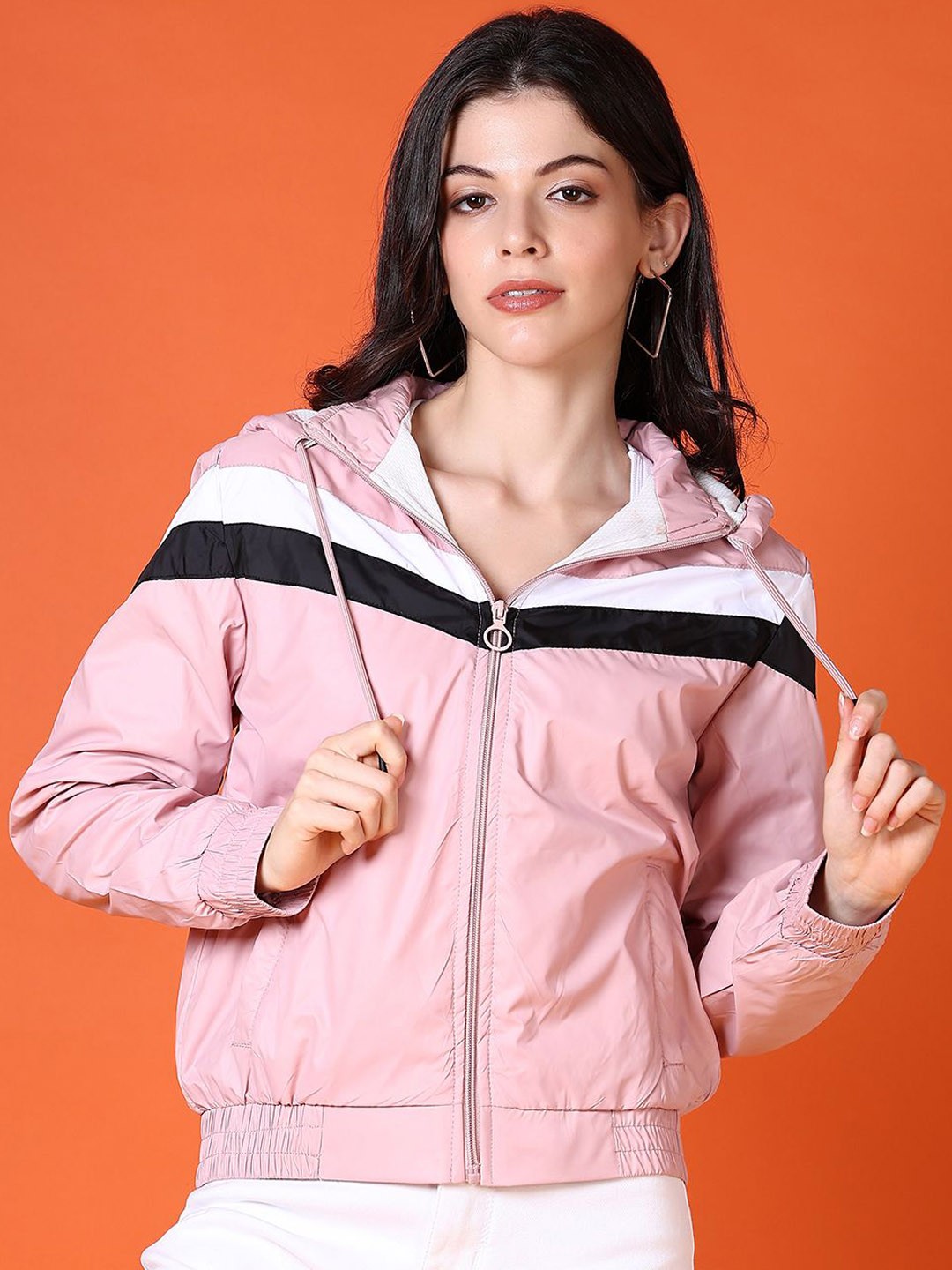 

V-Mart Women Hooded Striped Cotton Casual Bomber Jacket, Pink
