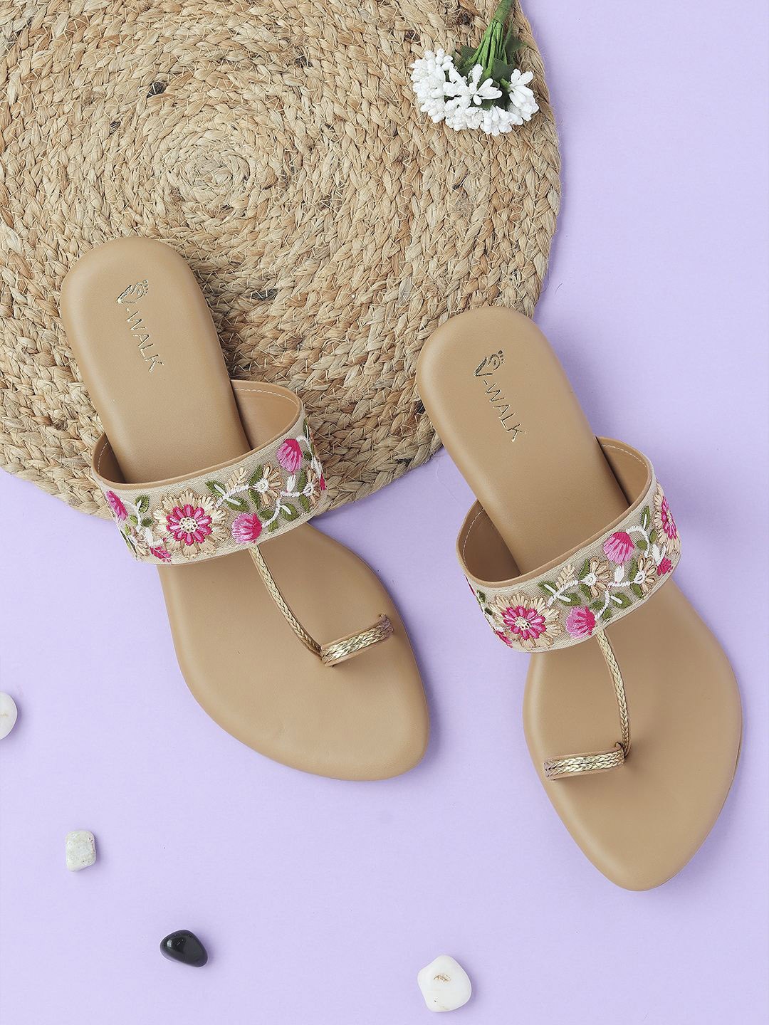 

V-WALK Women Embroidered One Toe Flats, Beige