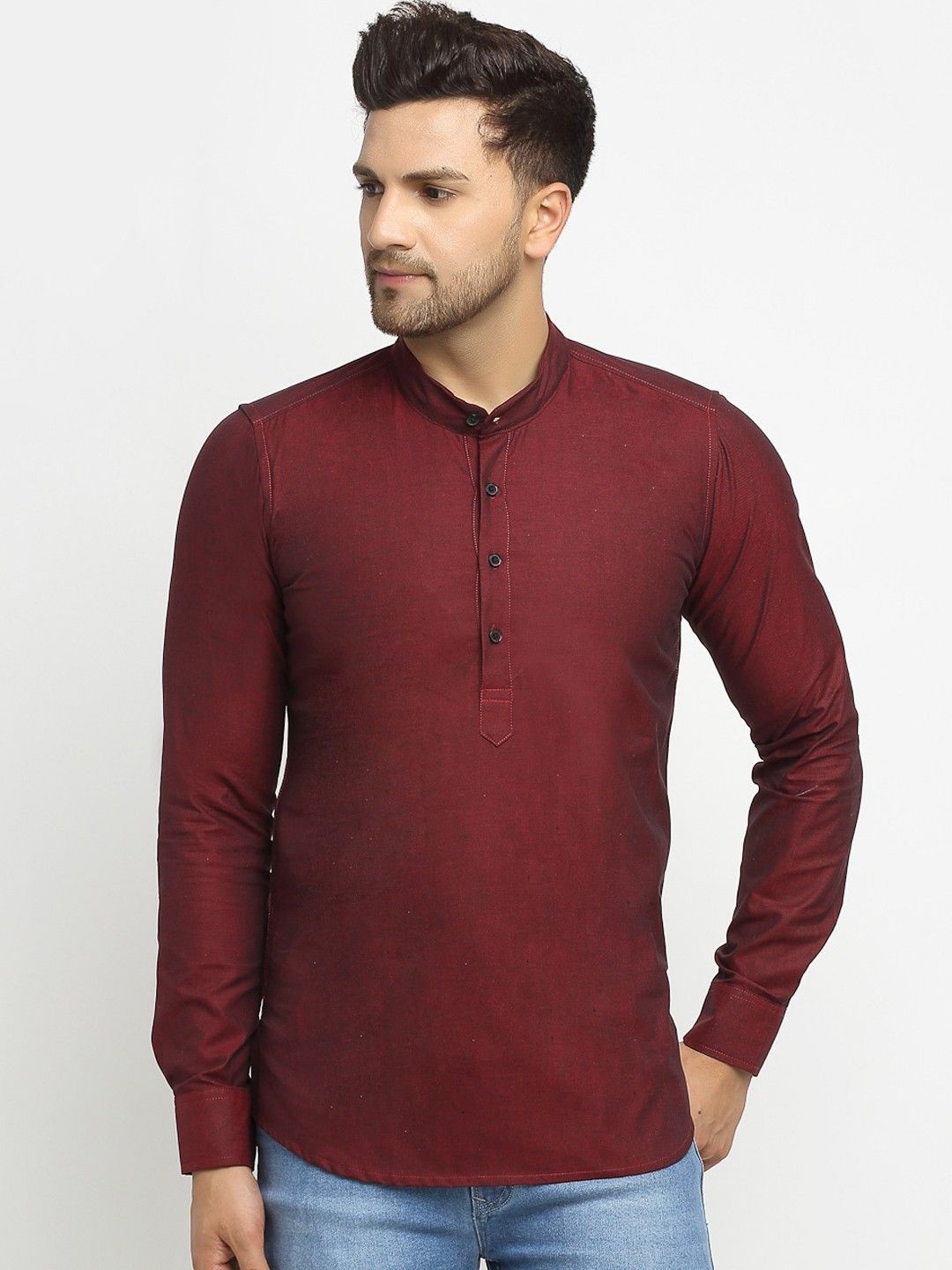 

Cross Court Band Collar Pure Cotton Straight Short Kurta, Maroon