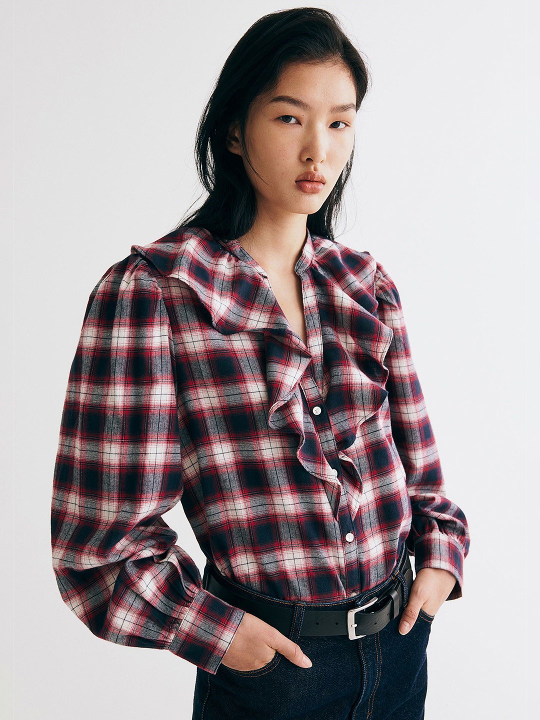 

H&M Women Flounce-Trimmed Blouse, Blue