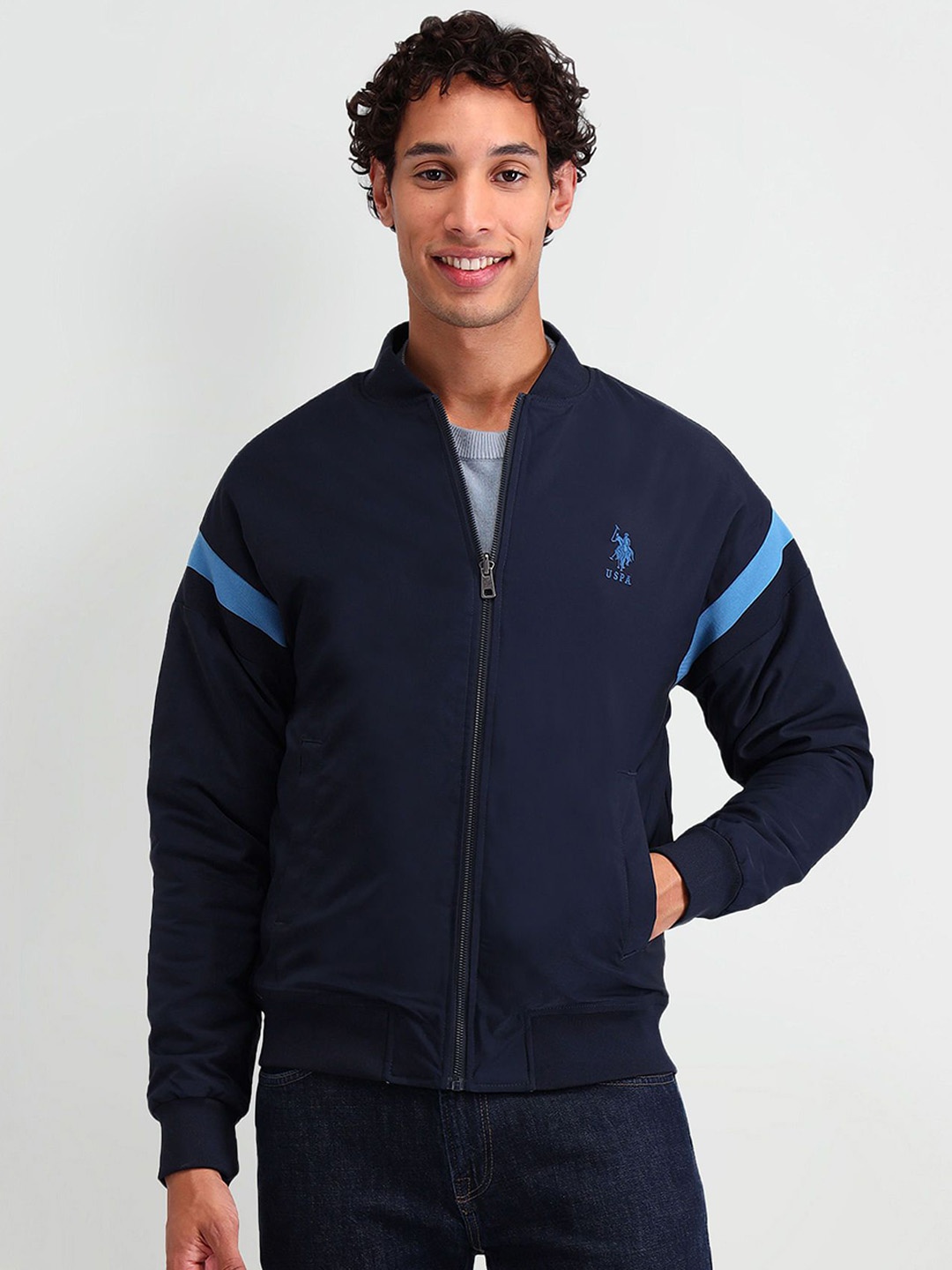 

U.S. Polo Assn. Denim Co. Men Stand Collar Solid Casual Bomber Jacket, Navy blue