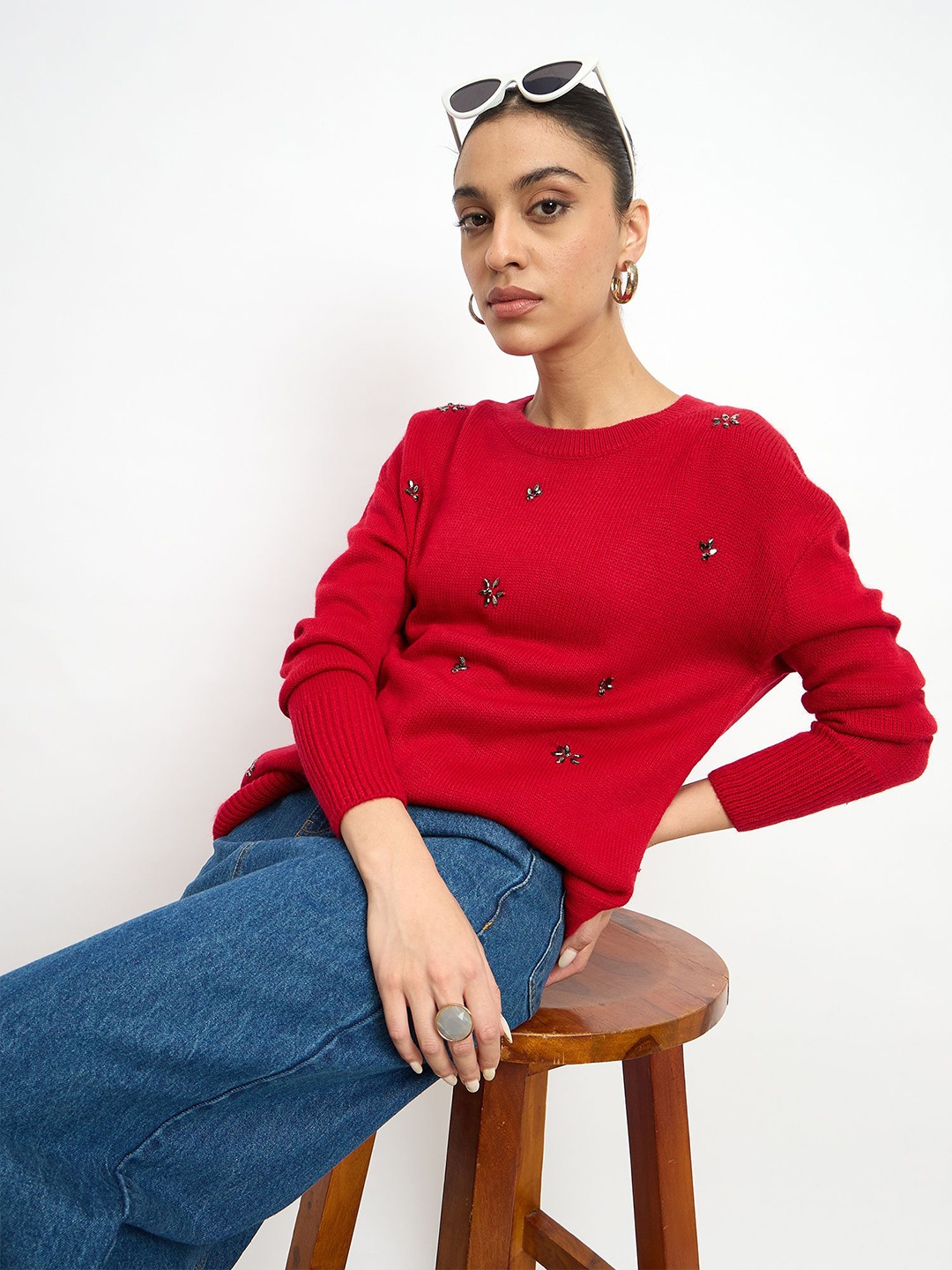 

SALT ATTIRE Women Floral Woollen Pullover with Embellished Detail Sweater, Red