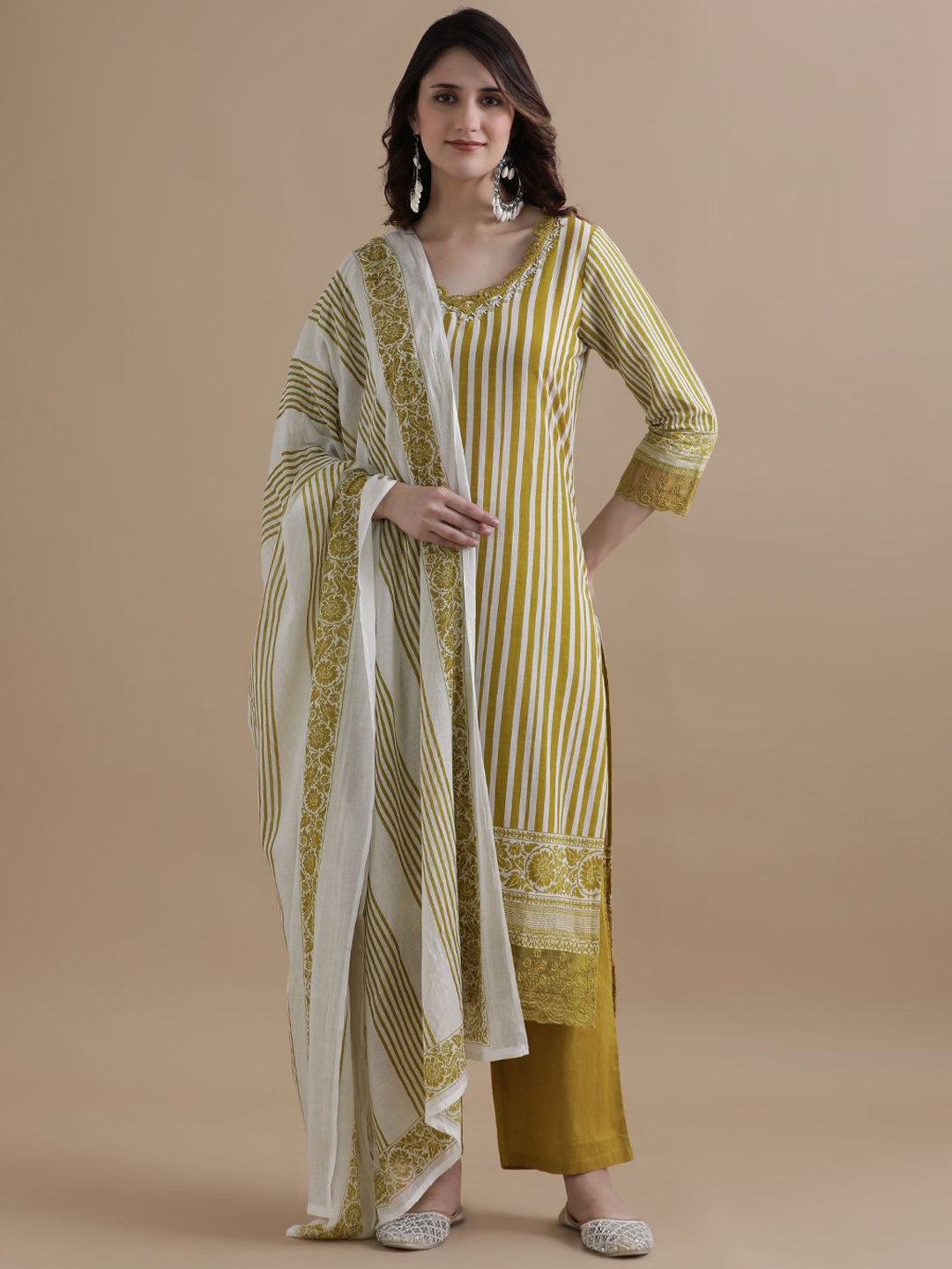 

Jaipur Kurti Striped Thread Work Pure Cotton Kurta with Trouser & Dupatta, Mustard