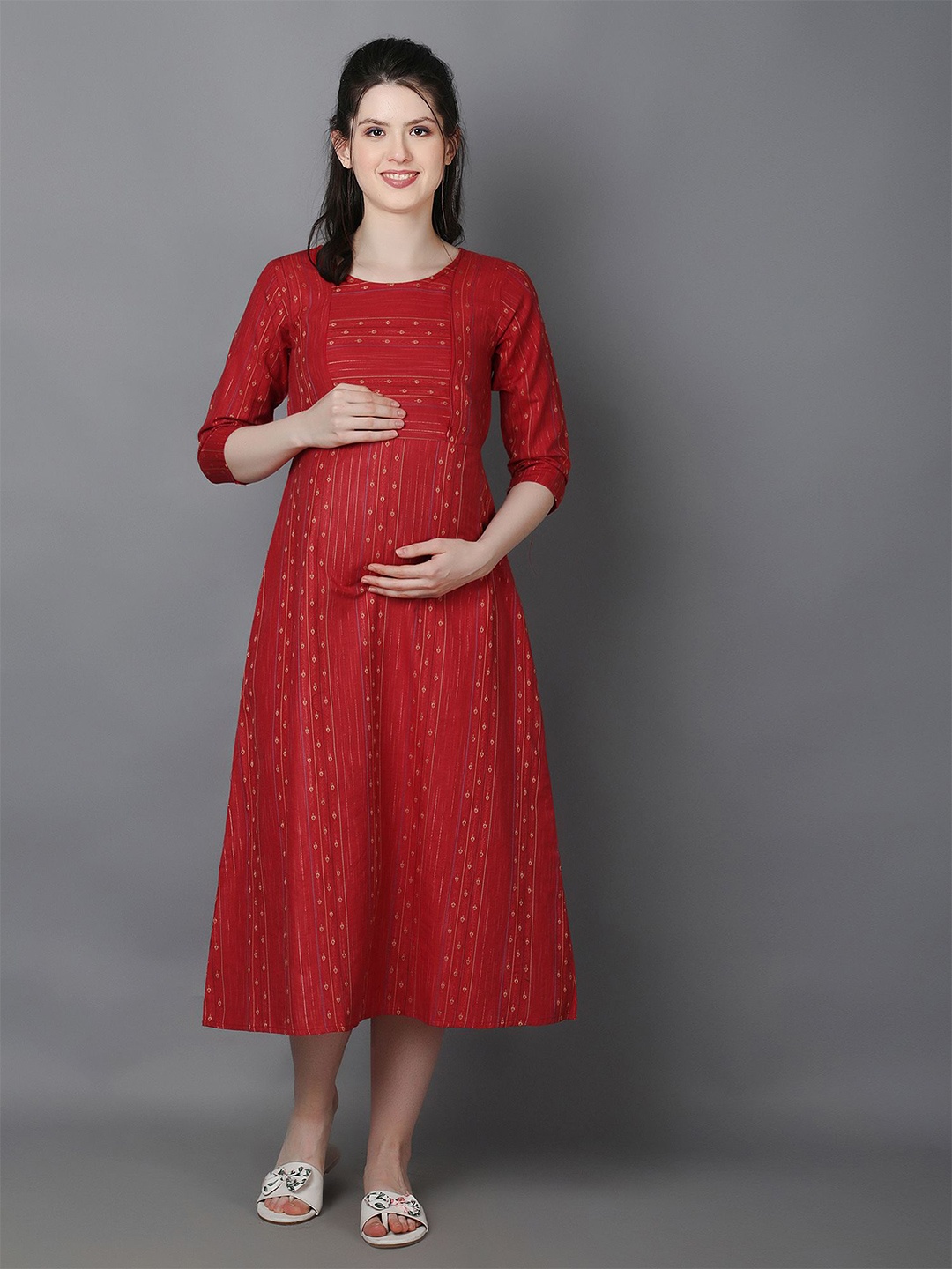

Zuvino Women Self Design Print Maternity A-Line Midi Dress, Red
