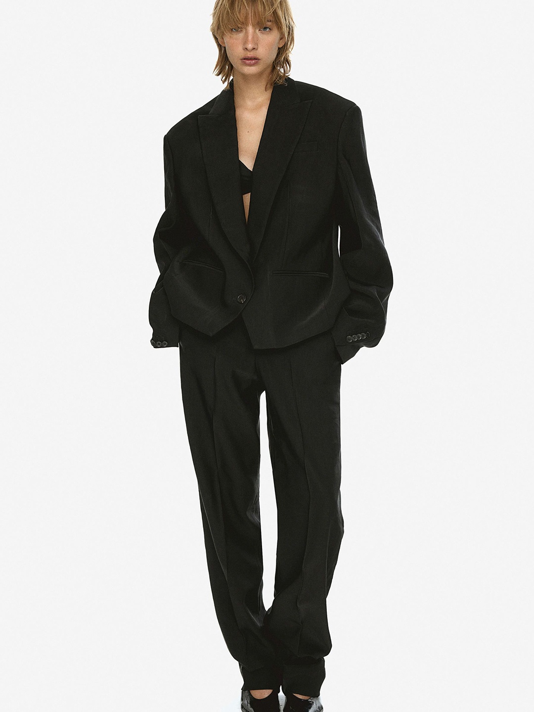 

H&M Oversized Linen-Blend Blazer, Black