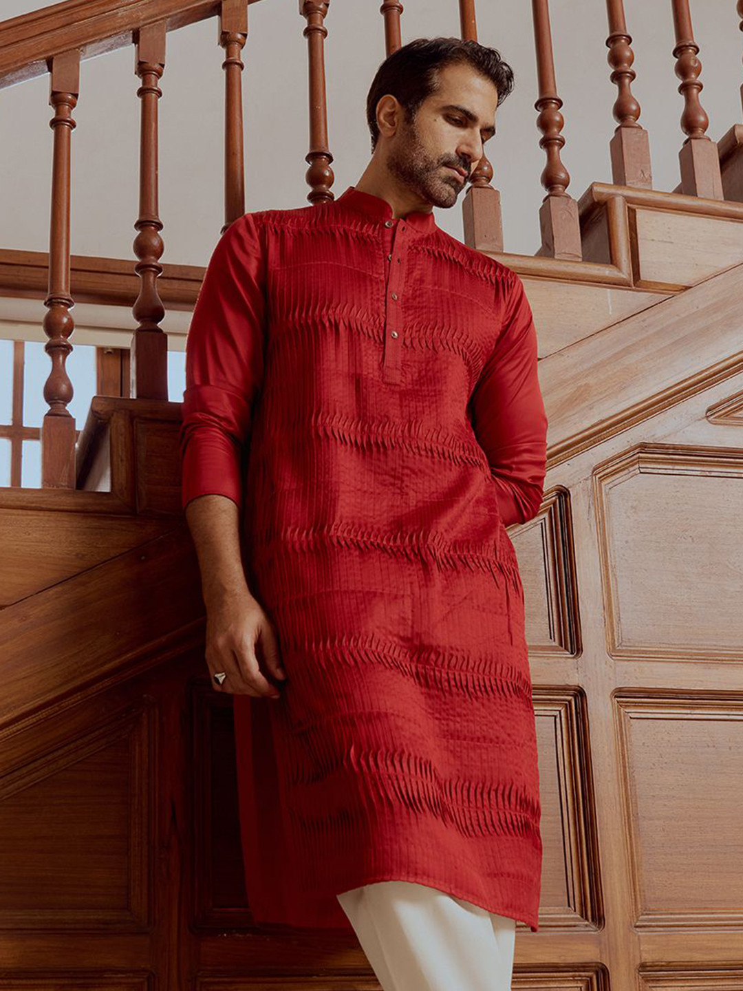 

Andamen Mandarin Collar Straight Kurta, Red