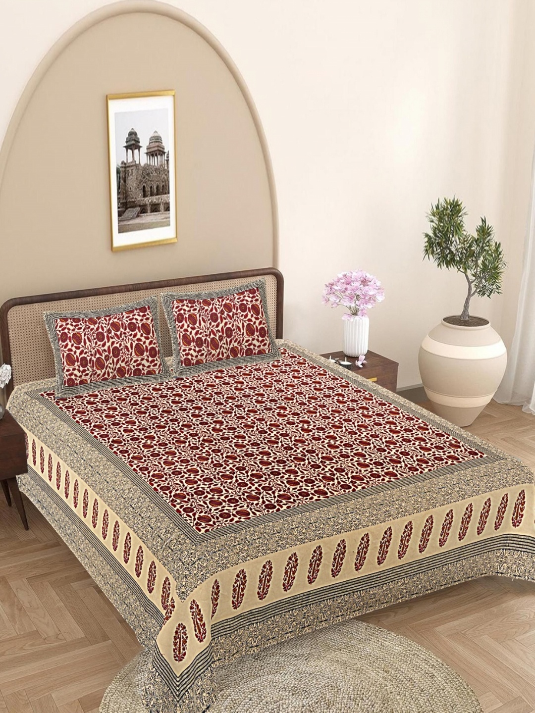 

FrionKandy Living Maroon Floral Printed Cotton 180 TC King Bedsheet Set 2.74 x 2.69 m
