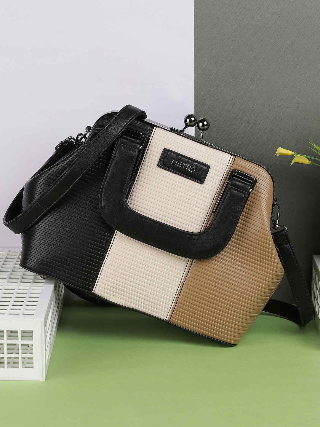 

Metro Women Colourblocked Structured Handheld Bag, Black