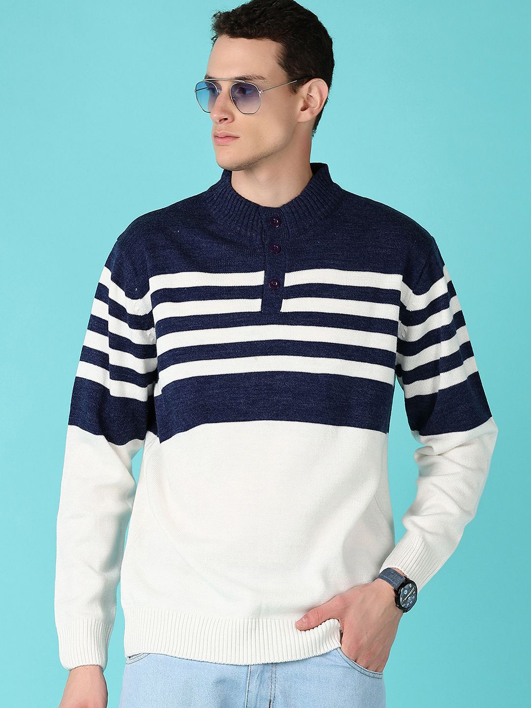 

V-Mart Men Striped Pullover, White