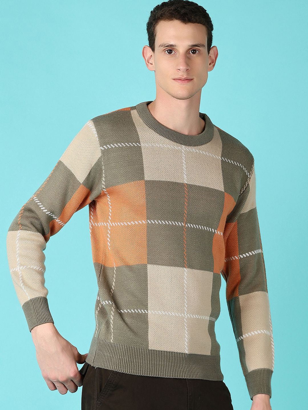 

V-Mart Men Checked Round Neck Long Sleeves Pullover Sweater, Brown