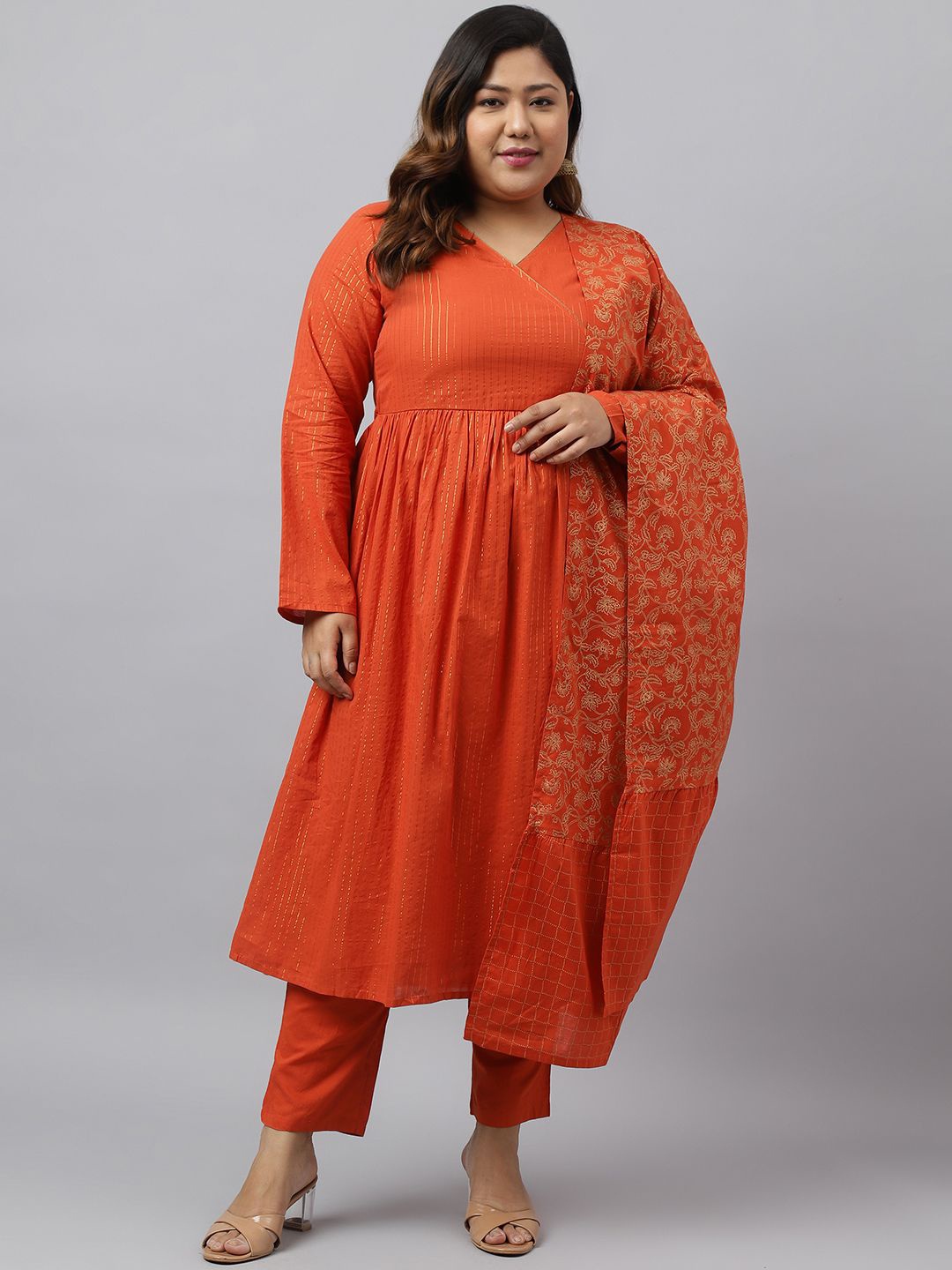 

KALINI V-Neck Striped Woven Design Pure Cotton Angrakha Kurta with Trouser & Dupatta, Rust