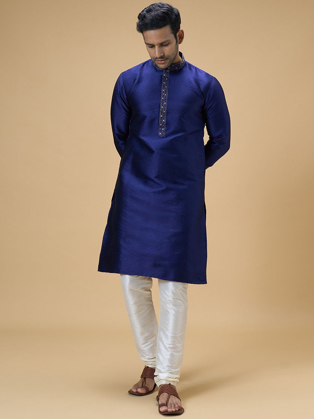 

Arihant Rai Sinha Mandarin Collar Woven Design Thread Work Straight Kurta with Churidar, Blue