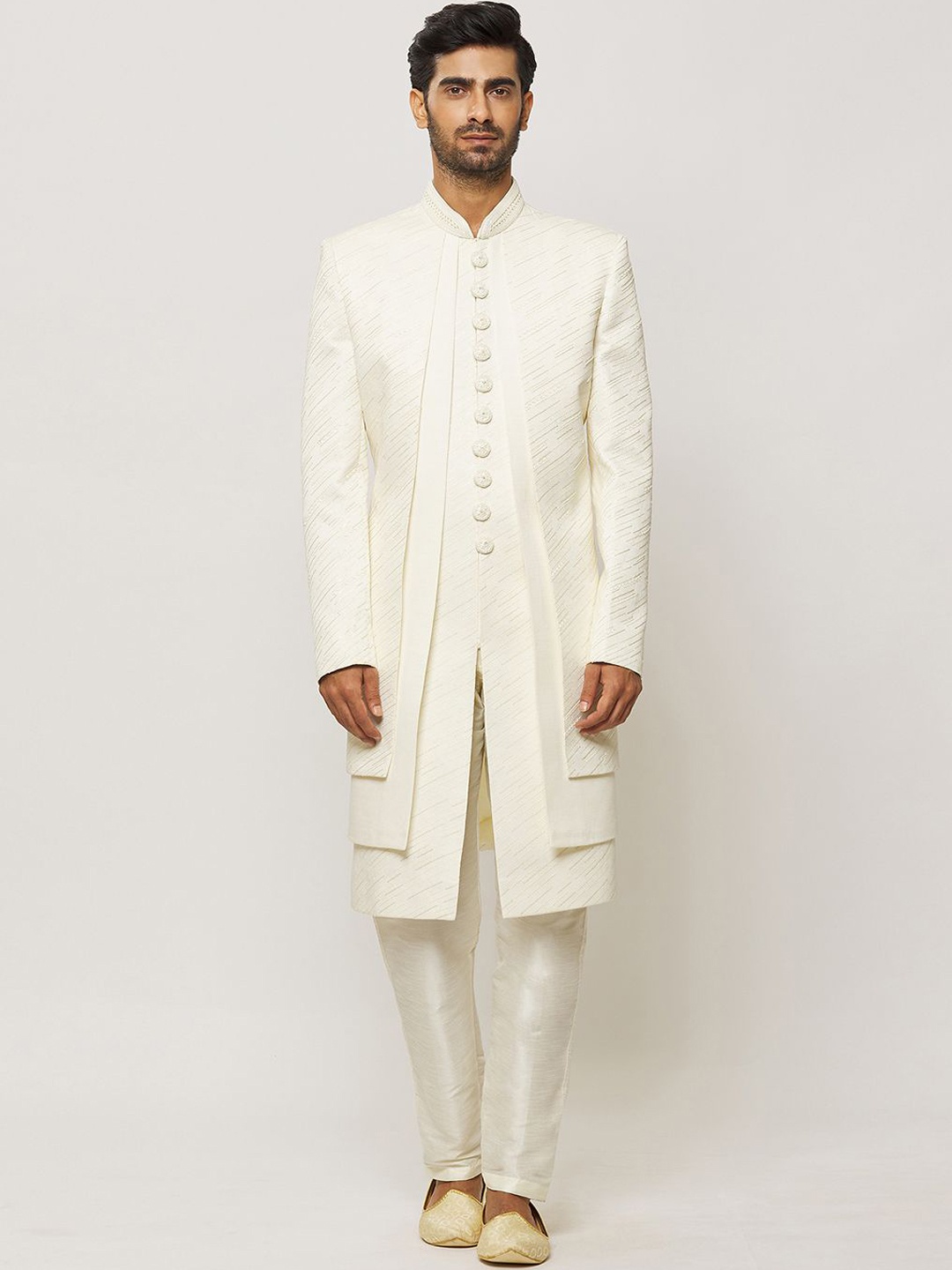 

Aryavir Malhotra Men Silk Layered Thread Work Sherwani Set, Cream