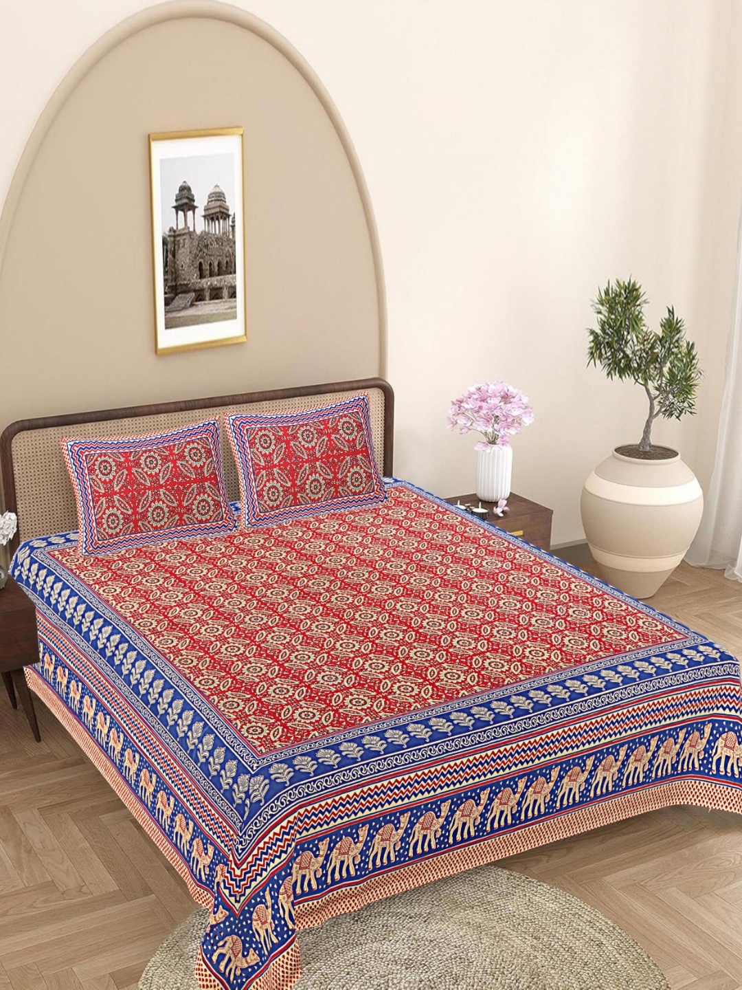 

FrionKandy Living Blue Ethnic Motifs Printed Cotton 180 TC King Bedsheet Set 2.74 x 2.69 m