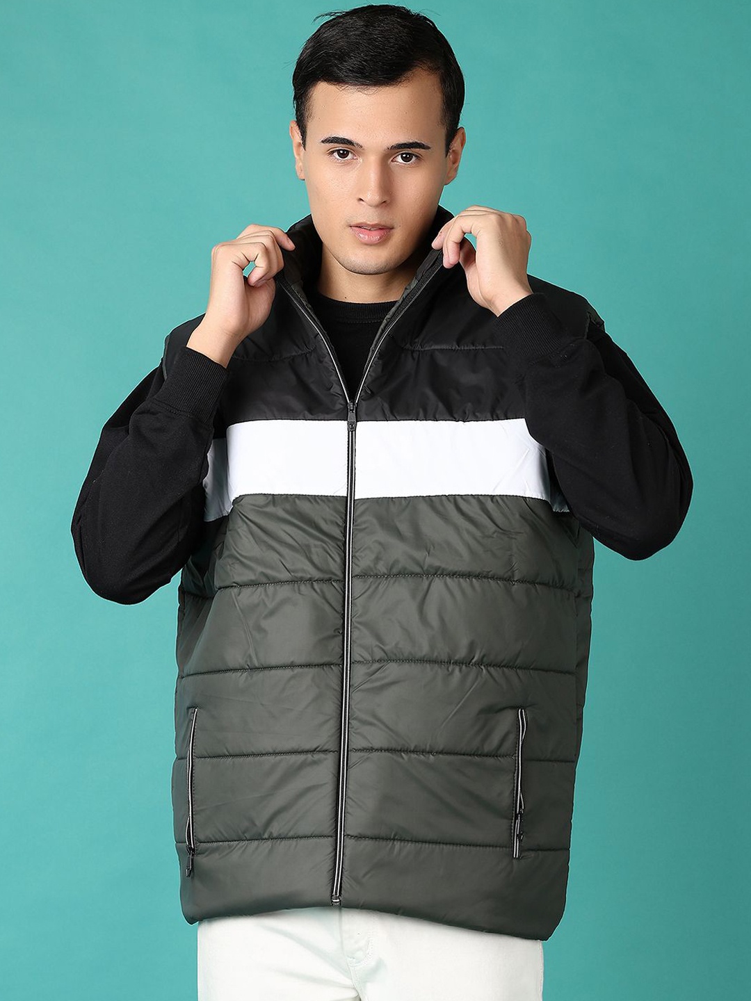 

V-Mart Men Mock Collar Colourblocked Cotton Casual Padded Jacket, Olive