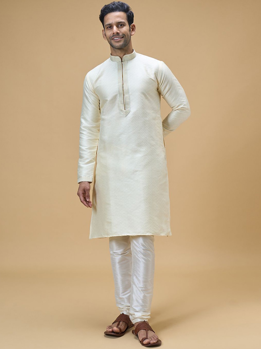 

Arihant Rai Sinha Mandarin Collar Woven Design Straight Kurta with Churidar, Cream