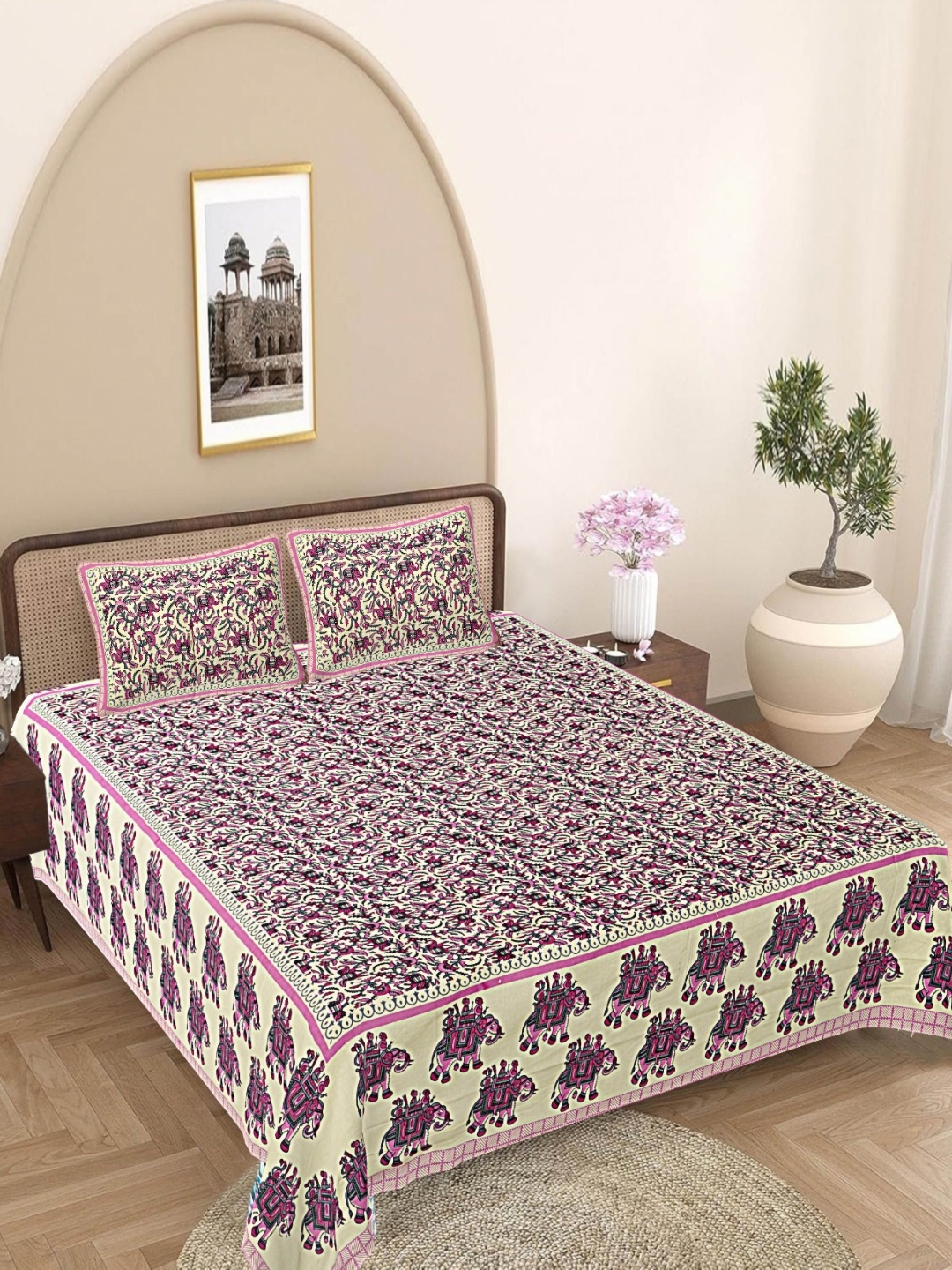 

FrionKandy Living Pink & Cream Printed 180 TC Cotton King Bedsheet Set 2.12 m x 2.62 m