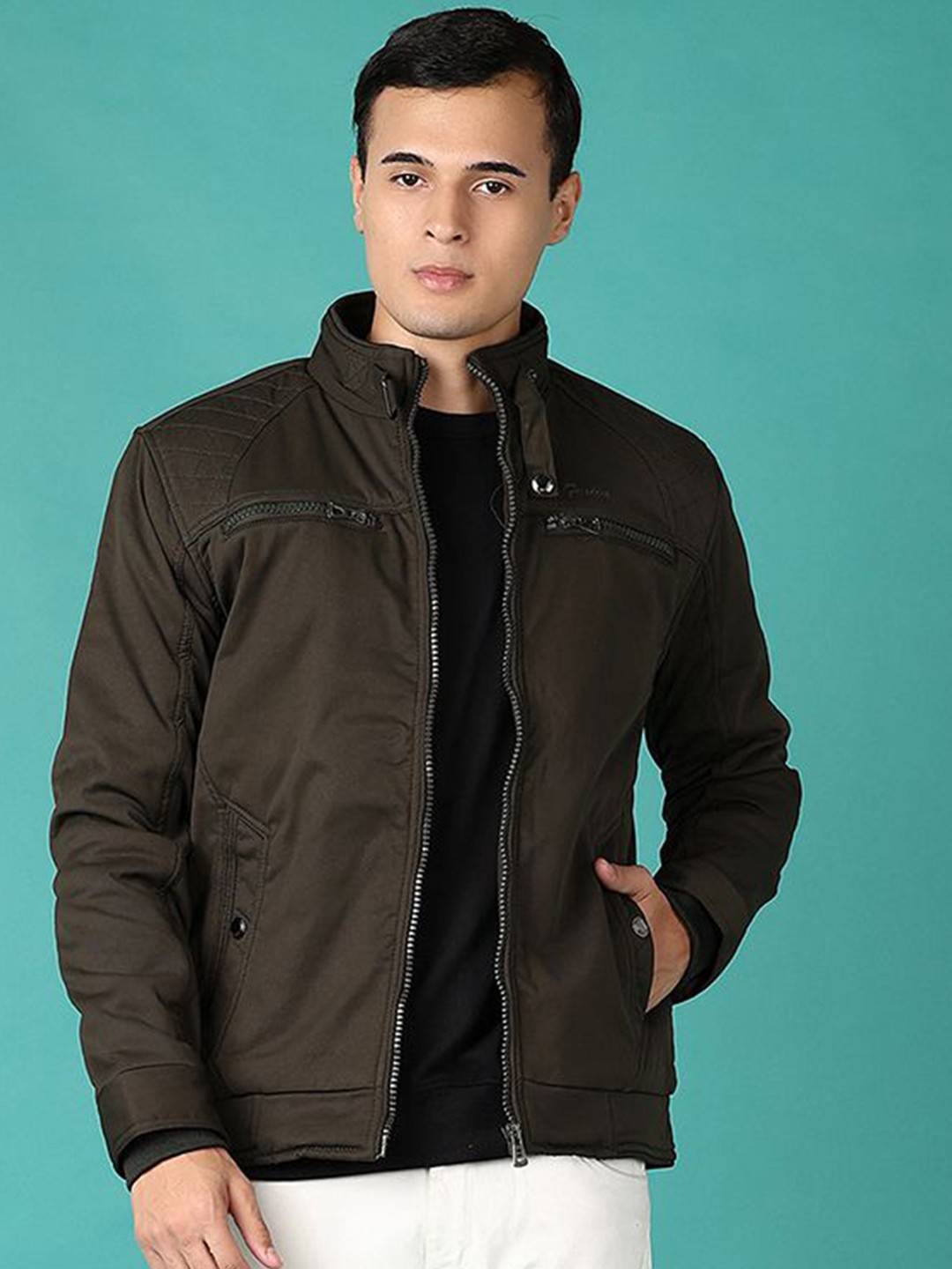 

V-Mart Men Mock Collar Solid Cotton Casual Bomber Jacket, Olive