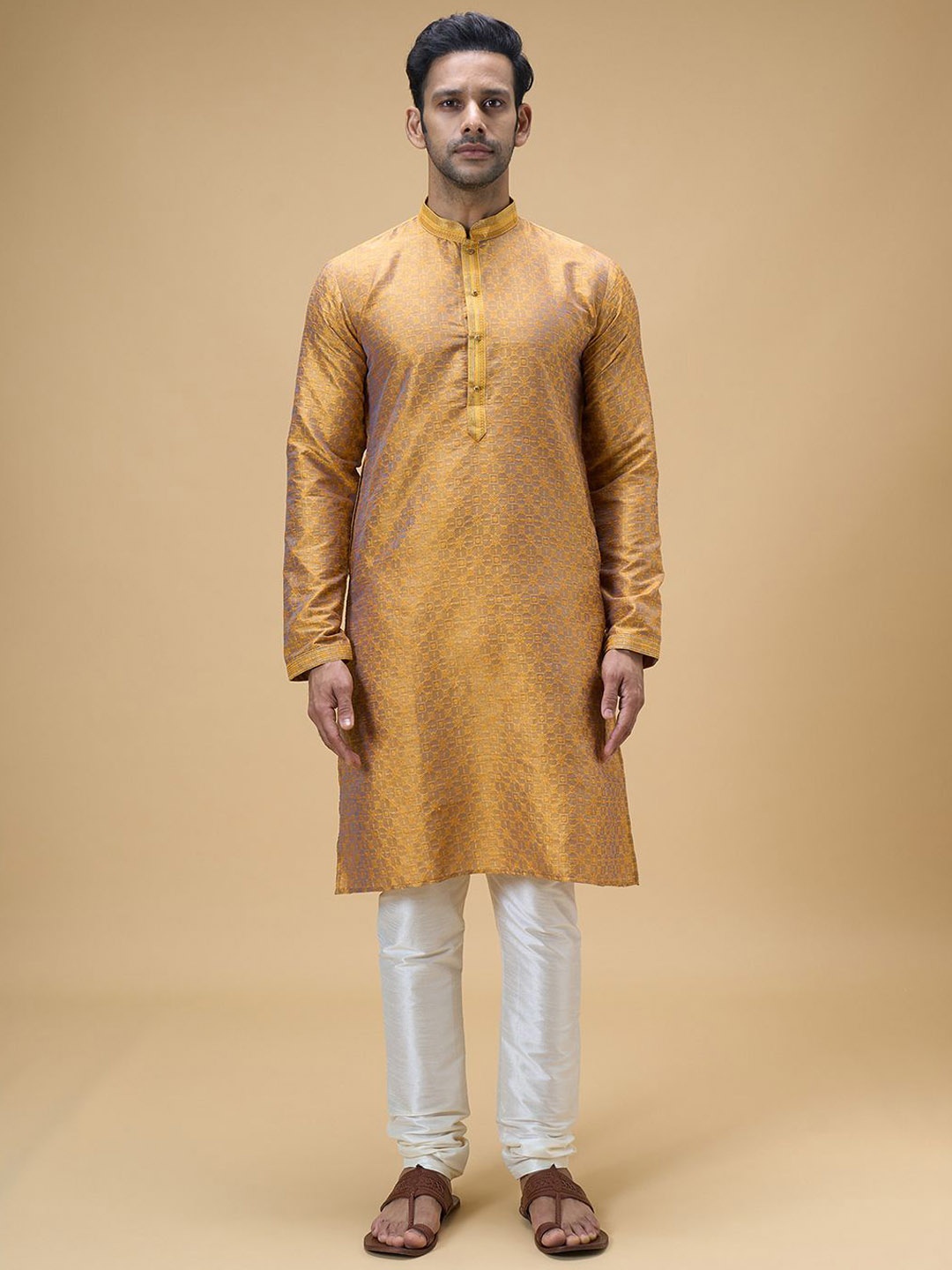 

Arihant Rai Sinha Ethnic Motifs Woven Design Mandarin Collar Straight Kurta With Churidar, Yellow