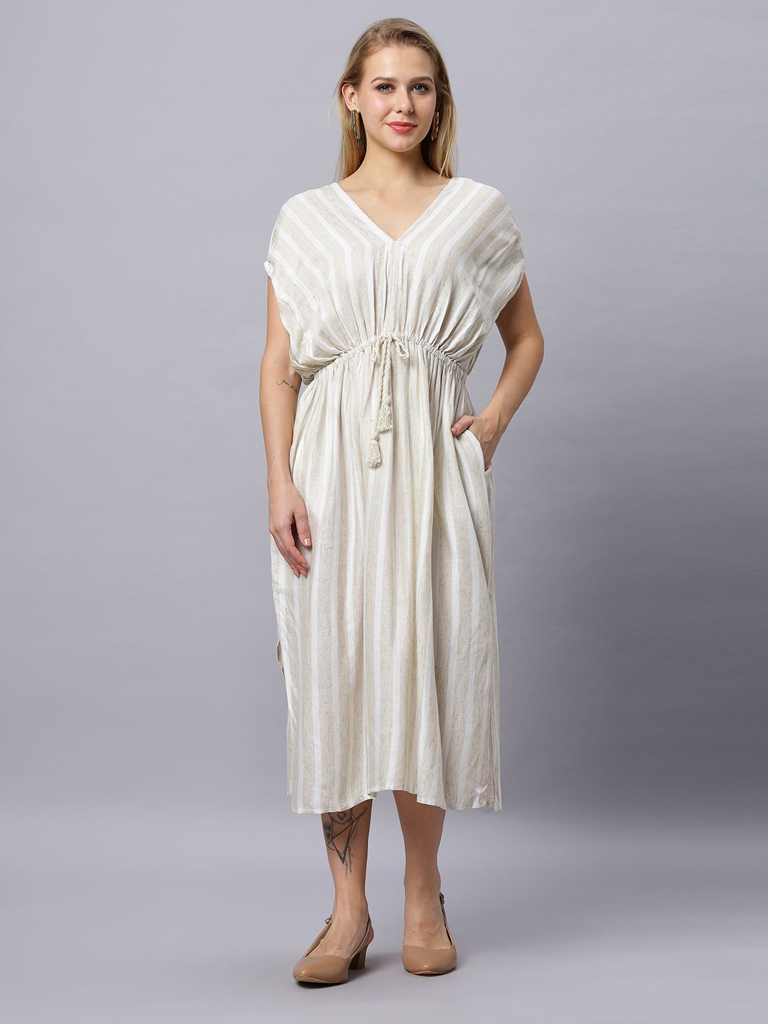

Autumn Hues Women Striped Midi Dress, White