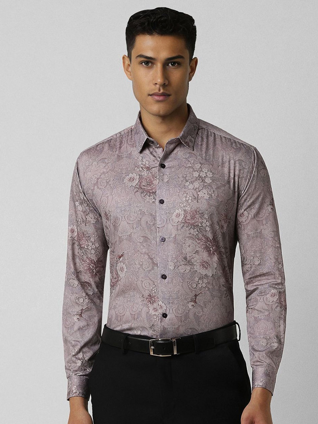 

V Dot Men Spread Collar Floral Printed Cotton Slim Fit Formal Shirt, Mauve