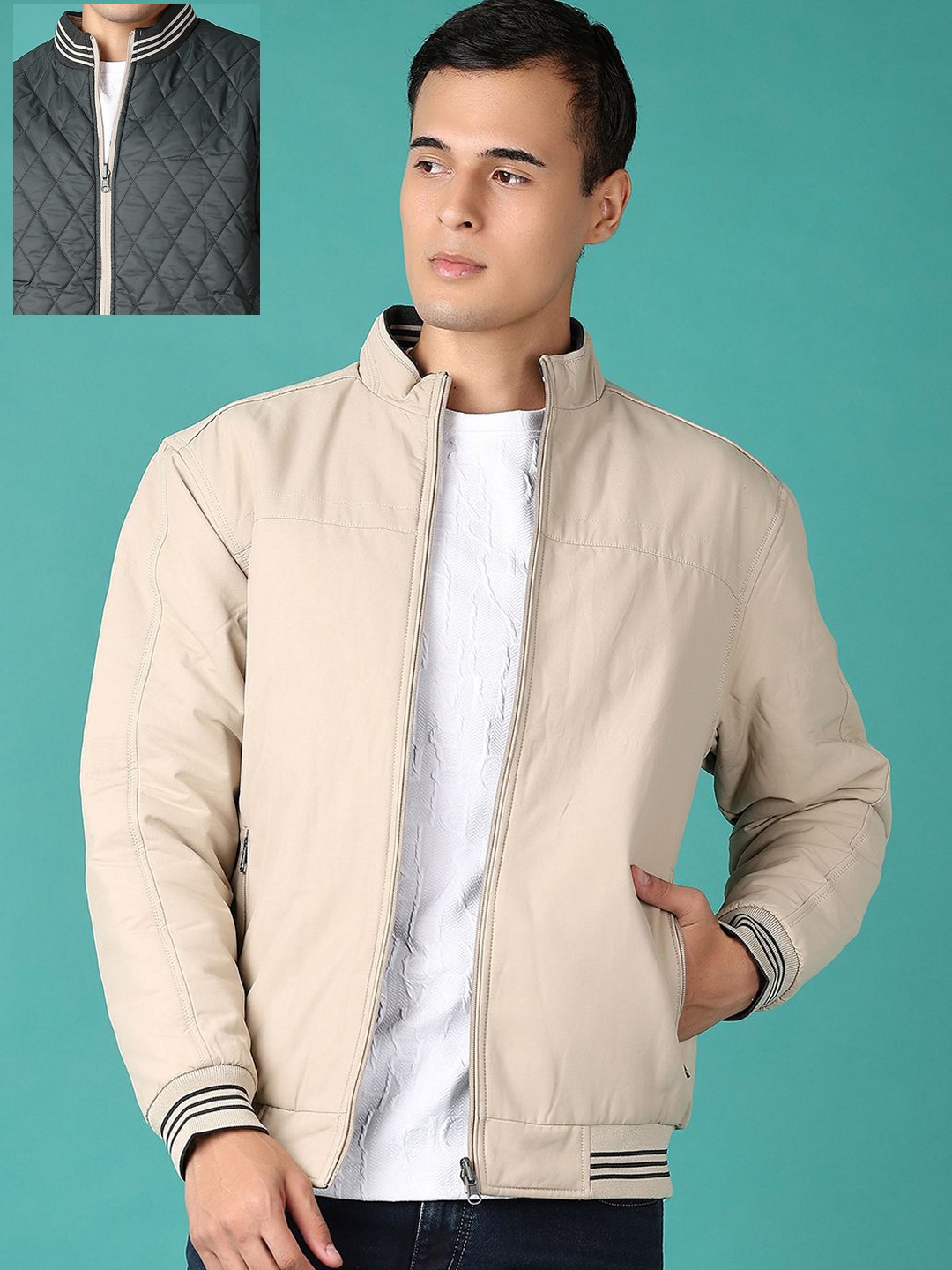 

V-Mart Men Stand Collar Solid Cotton Casual Quilted Reversible Jacket, Beige