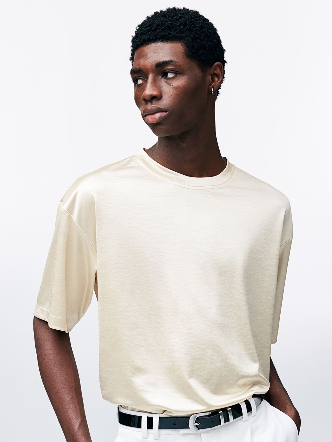 

H&M Loose Fit Satin T-shirt, Beige