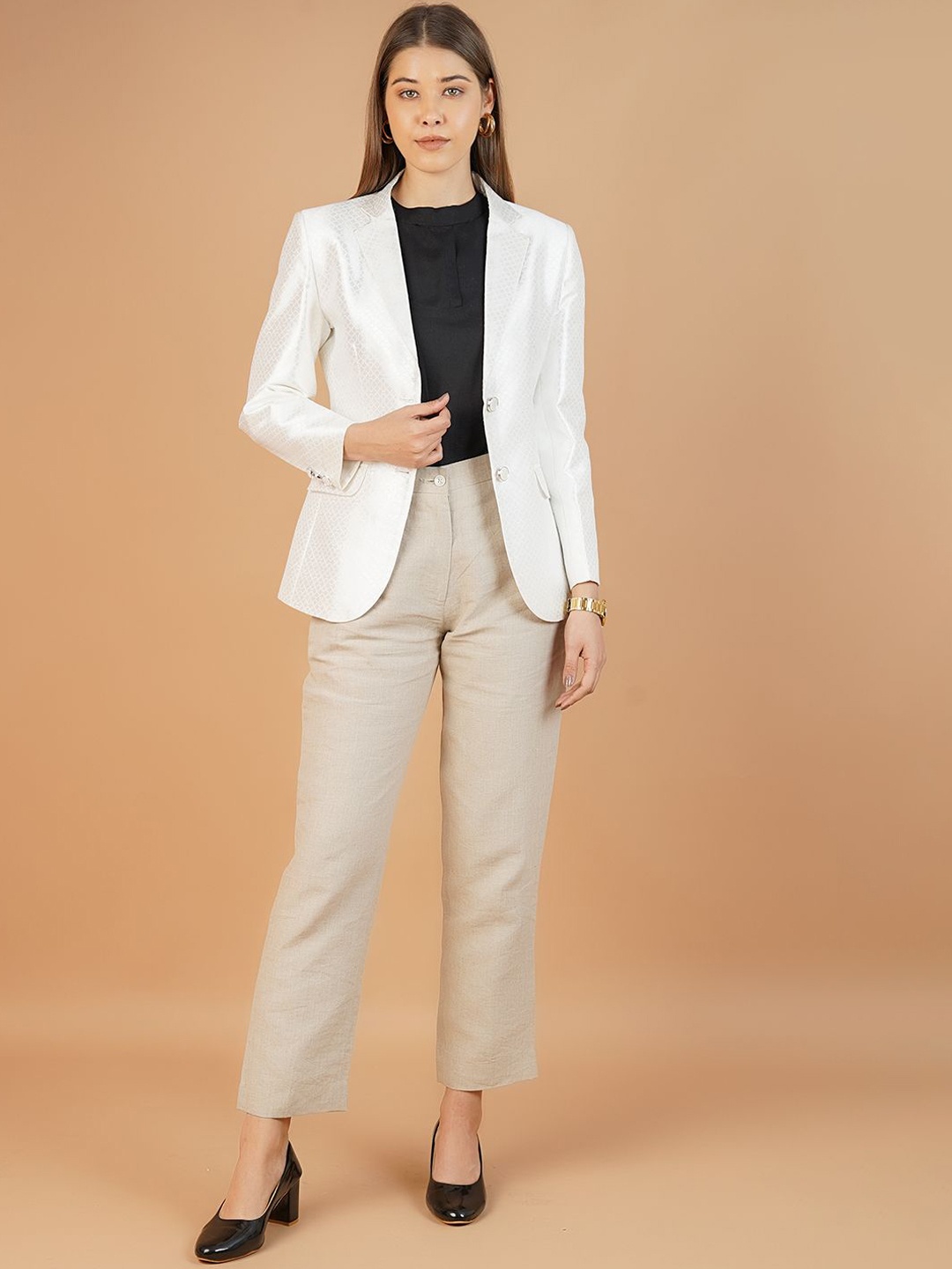 

INDOPHILIA Self Design Notched Lapel Collar Single Breasted Blazer, White