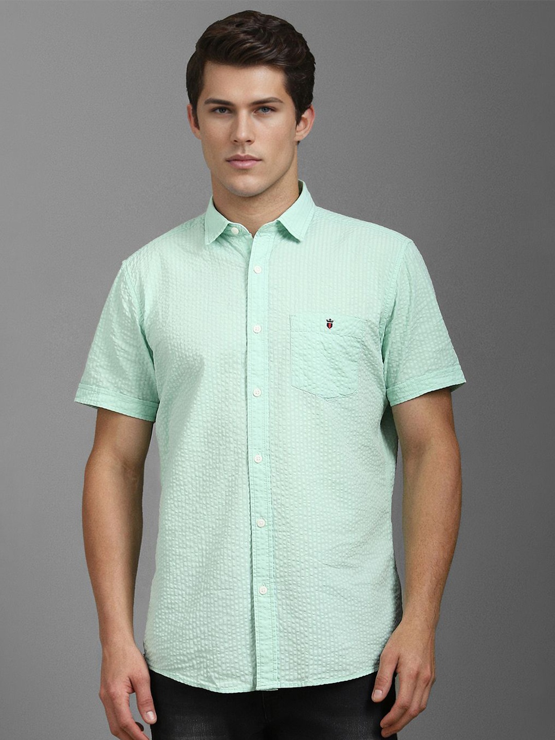 

Louis Philippe Jeans Men Spread Collar Solid Cotton Slim Fit Casual Shirt, Sea green