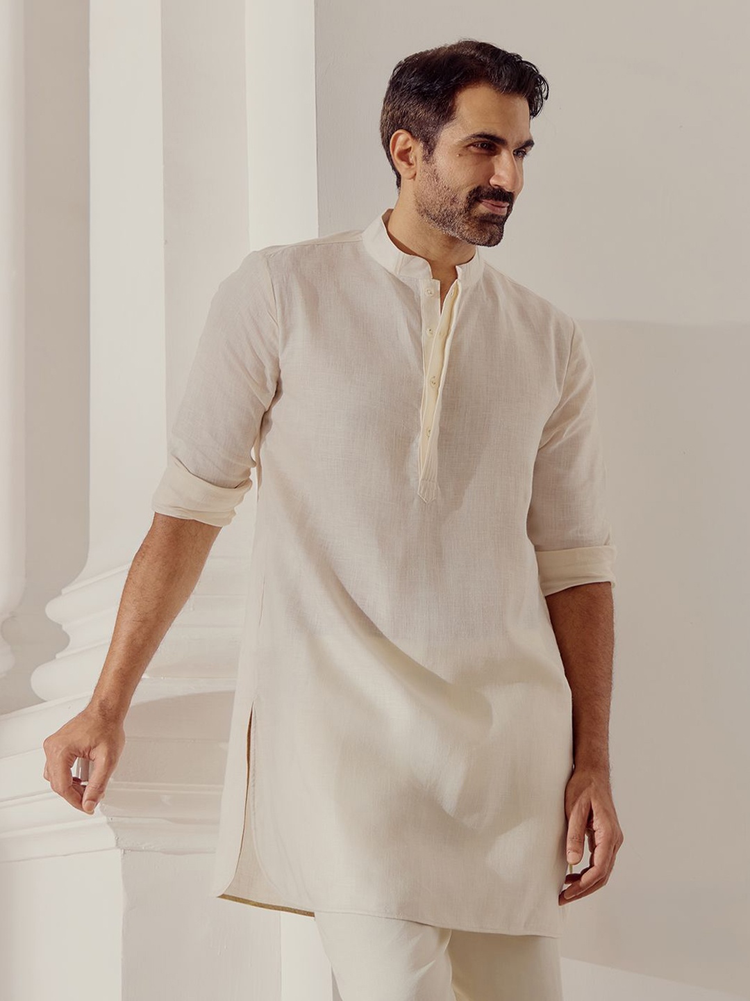 

Andamen Mandarin Collar Linen Straight Kurta, Off white