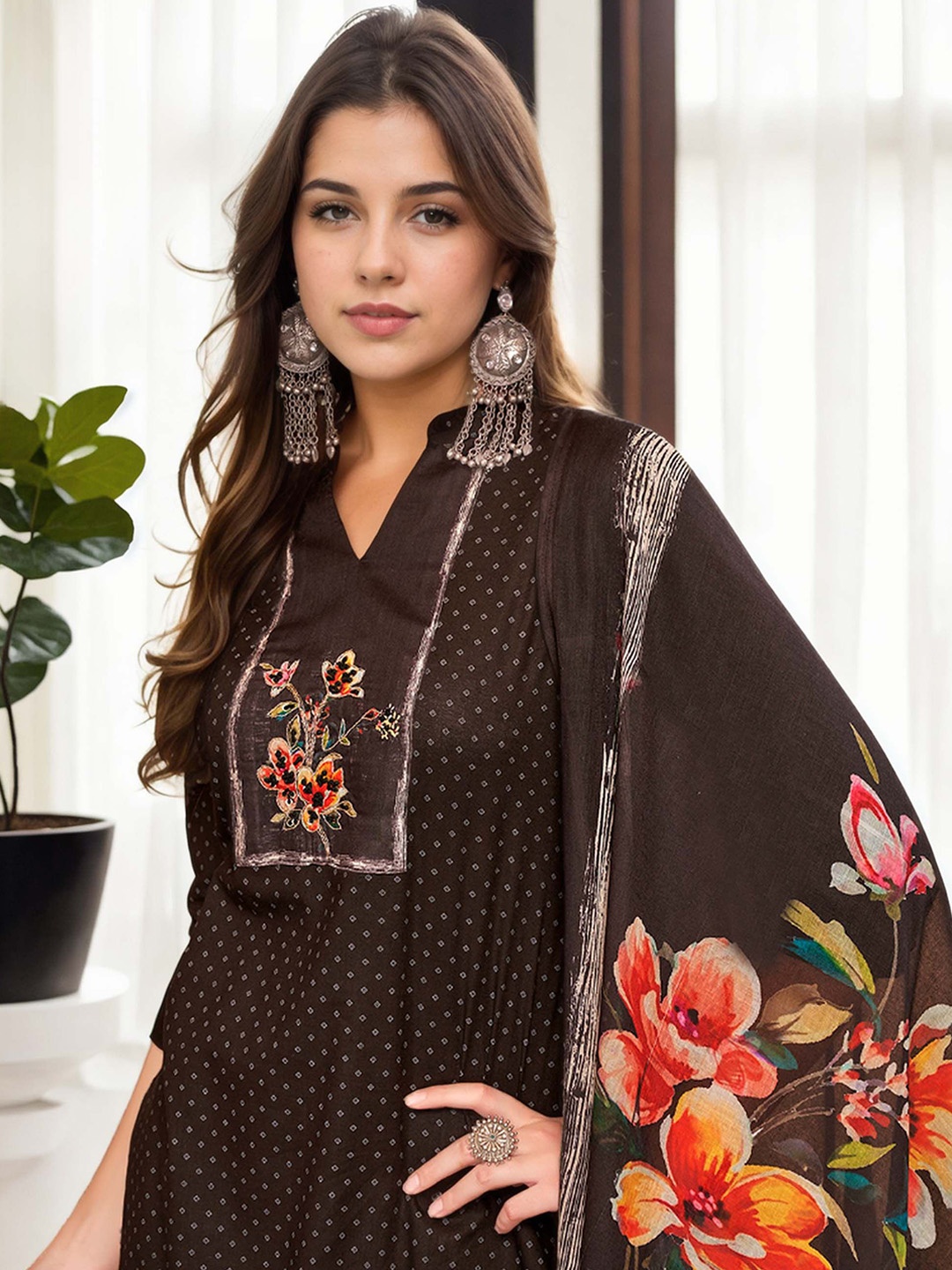 

Anouk Women Floral Embroidered Regular Thread Work Pure Cotton Kurta with Trousers & With Dupatta, Black