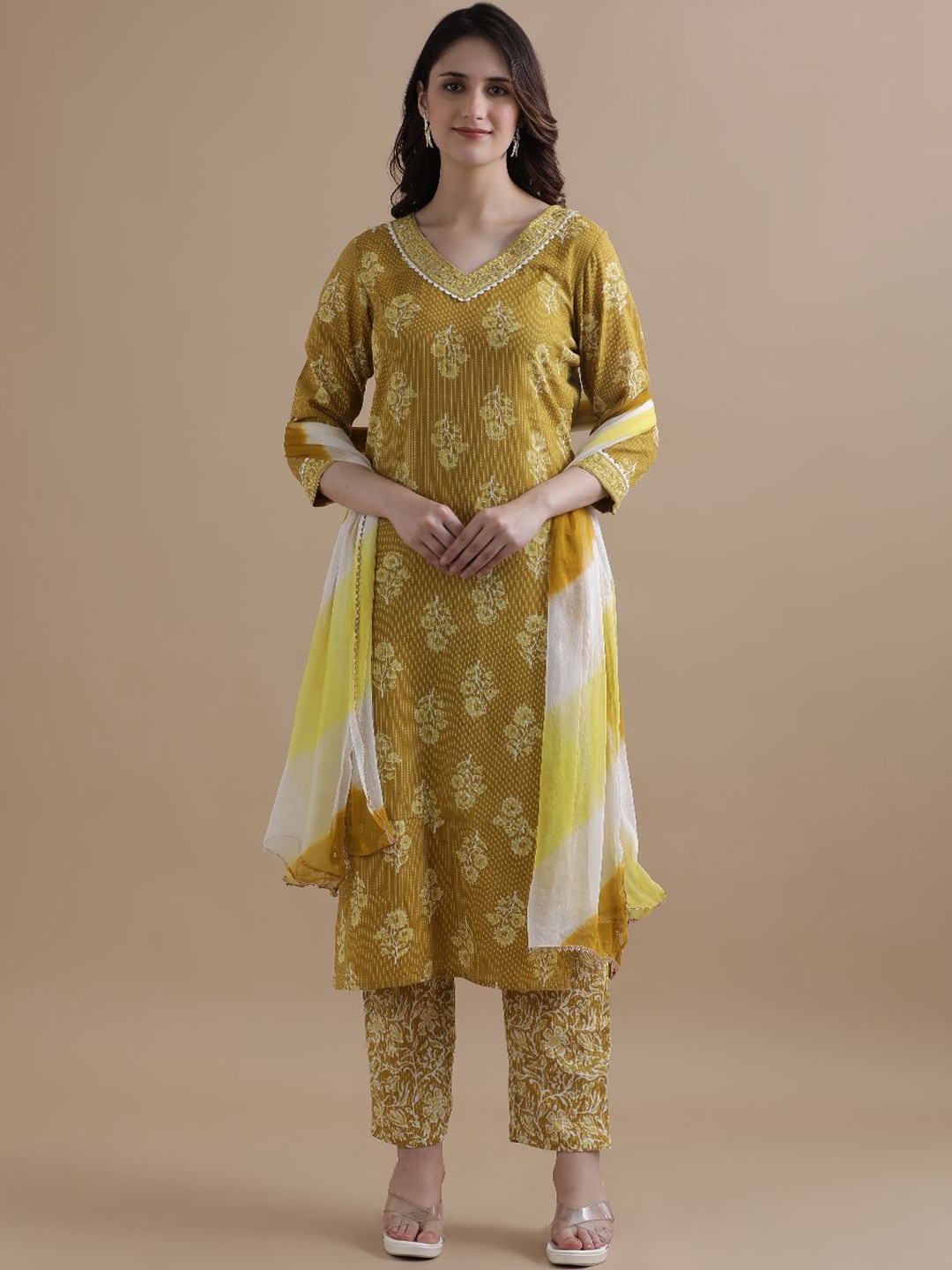 

Jaipur Kurti Floral Embroidered Kantha Work Pure Cotton Kurta with Trouser & Dupatta, Mustard