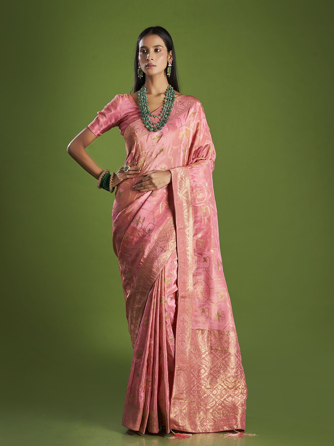 

ISHKIYA Floral Woven Design Zardozi Pure Silk Tussar Saree, Pink