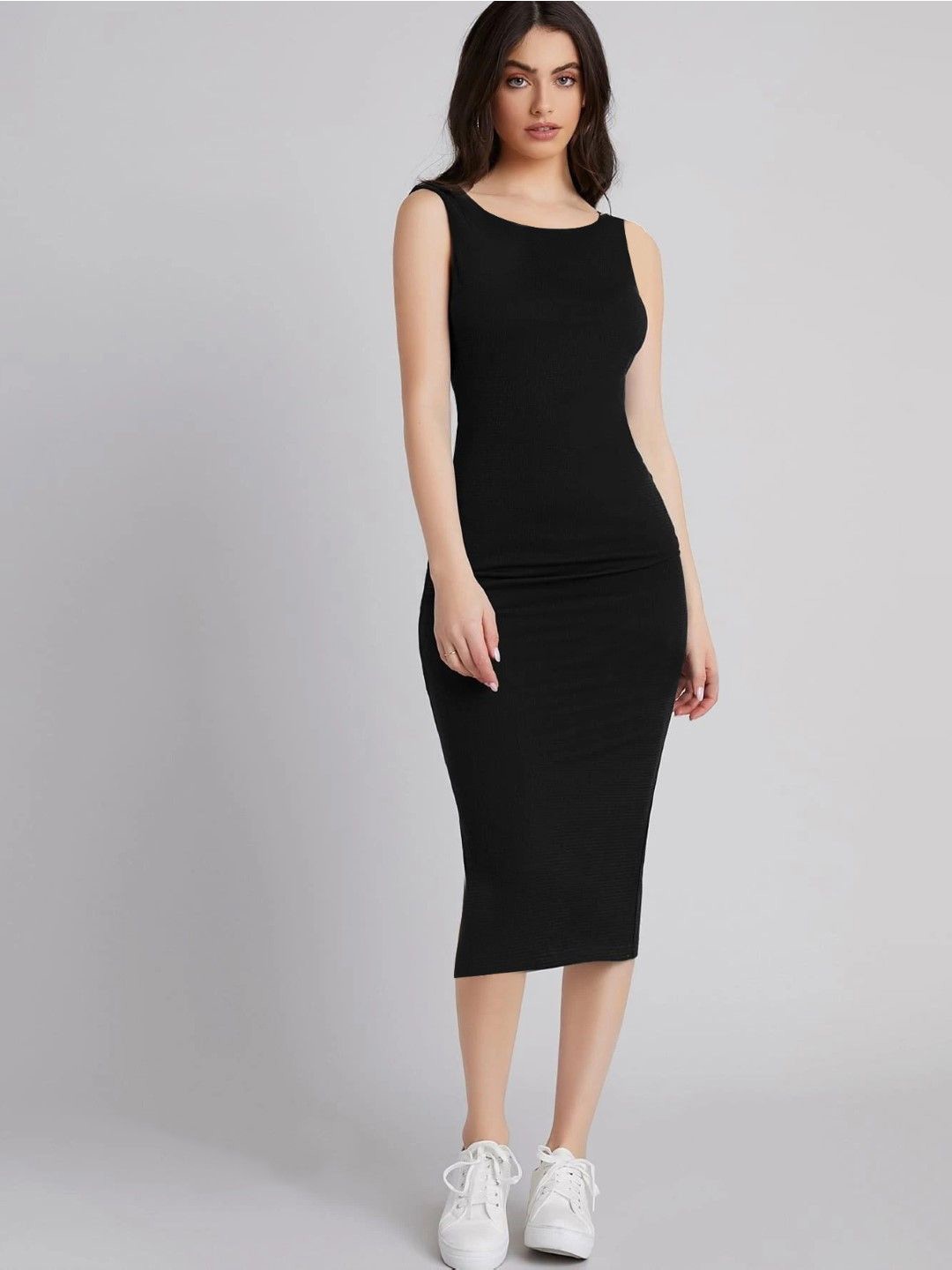 

KALINI Women Boat Neck Sleeveless Bodycon Midi Dress, Black