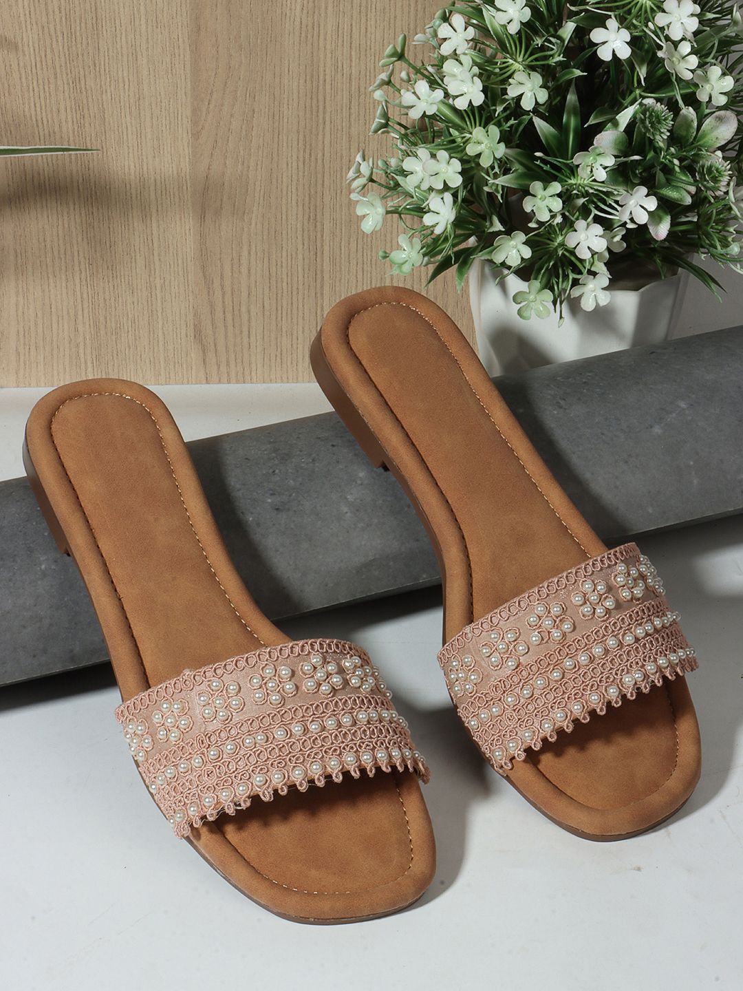 

sneakers villa Women Open Toe Flats, Peach