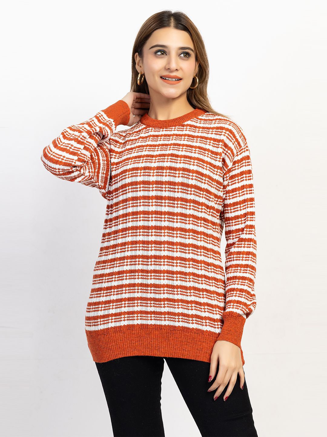 

LEZA Women Round Neck Long Sleeves Striped Pullover, Orange