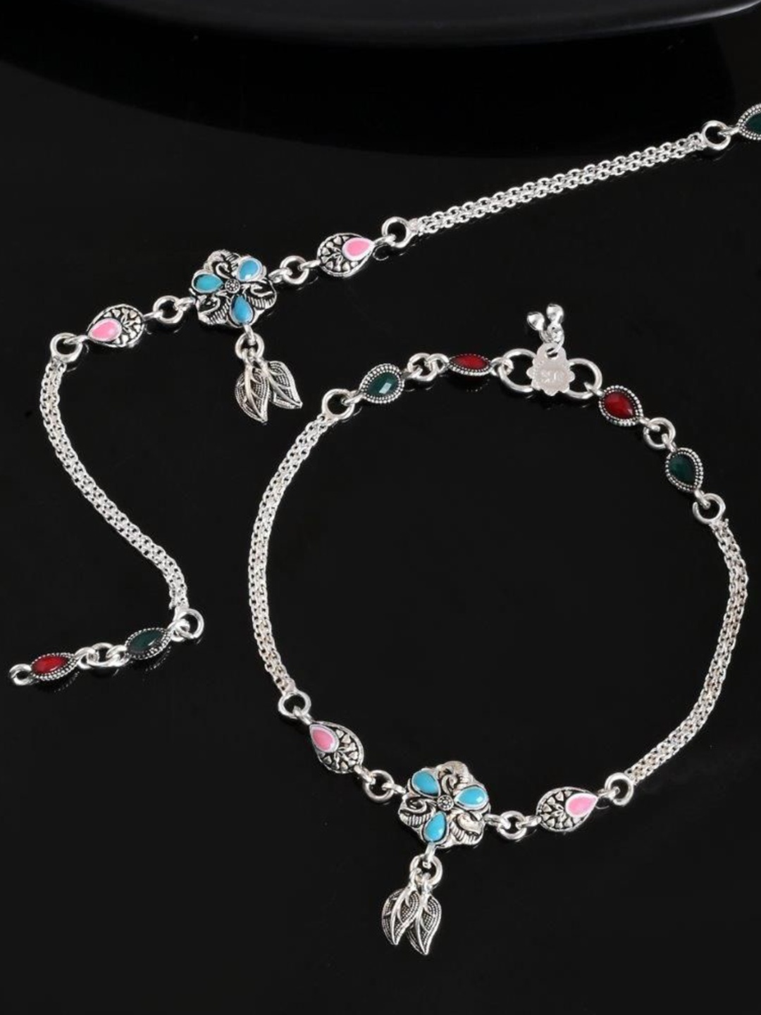 

VOJ Silver-Plated Stainless Steel Stone Studded Flower Shaped Anklets