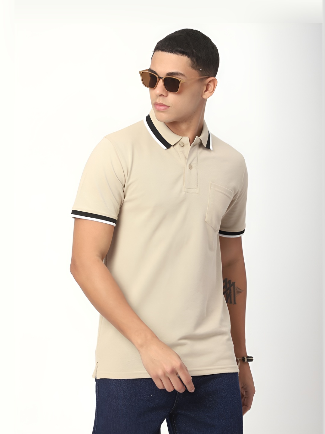 

R&B Men Polo Collar Pockets T-shirt, Beige