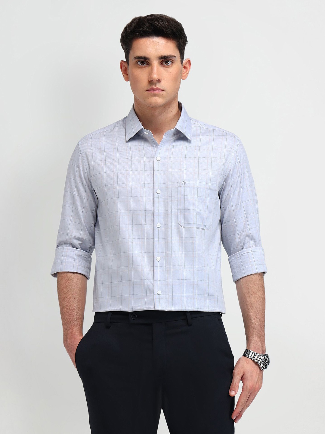 

Arrow Men Manhattan Spread Collar Checked Cotton Slim Fit Formal Shirt, Blue
