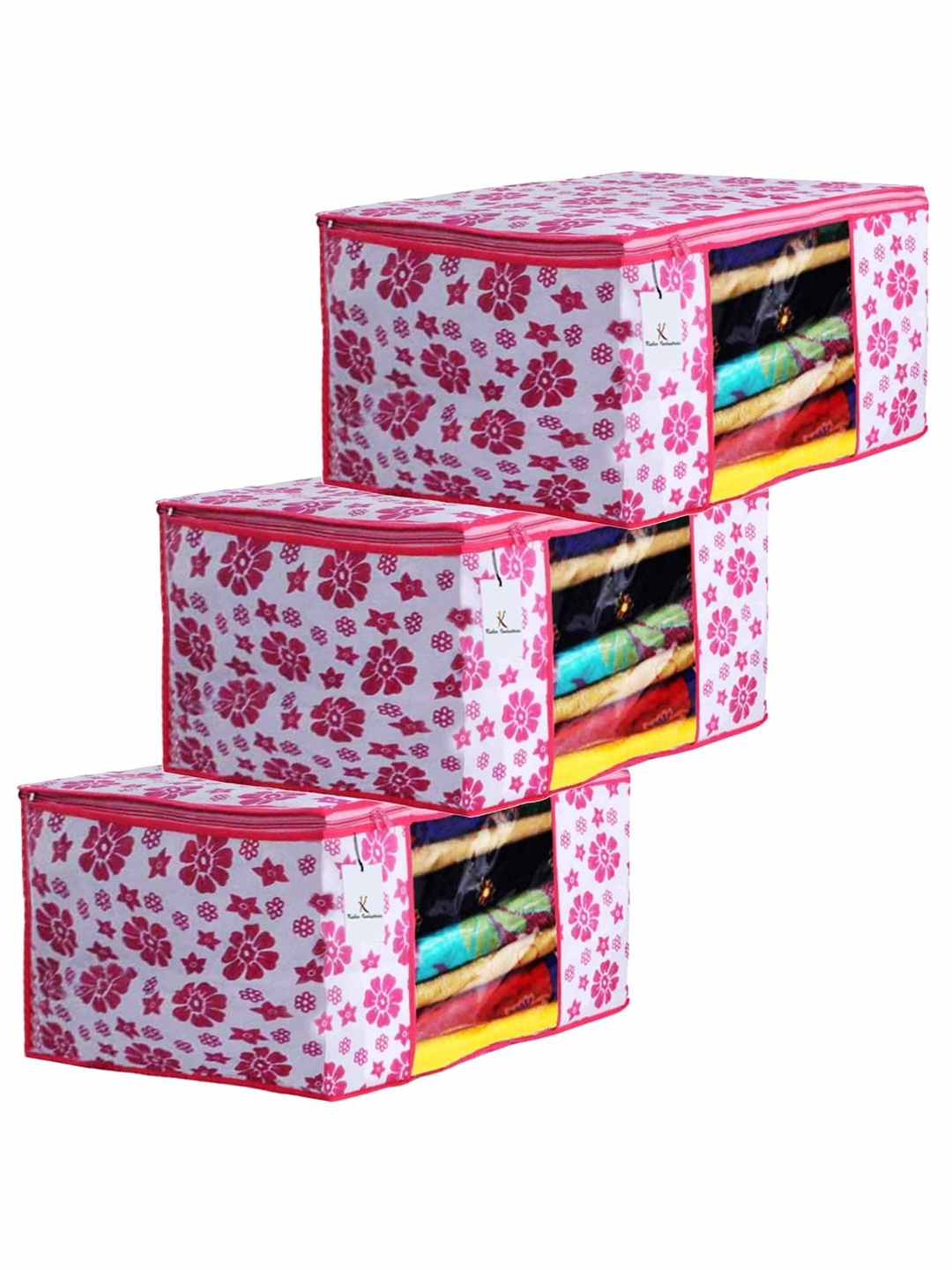 

Kuber Industries Pink & White 3 Pieces Floral Printed Saree Cover Organisers