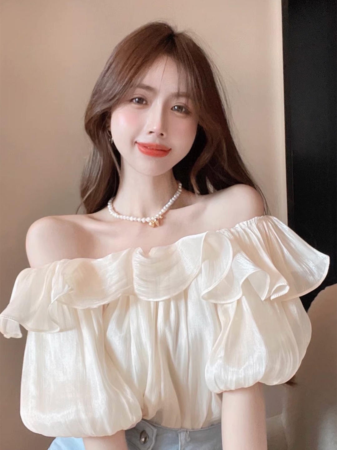 

LULU & SKY Women Off-Shoulder Bardot Top, Beige