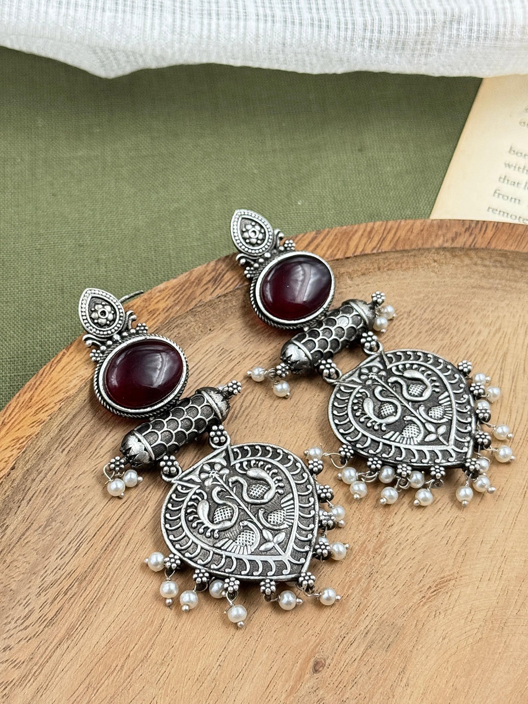 

NAMAN ARTS Silver Plated Stone Studded & Beaded Oxidised Contemporary Drop Earrings