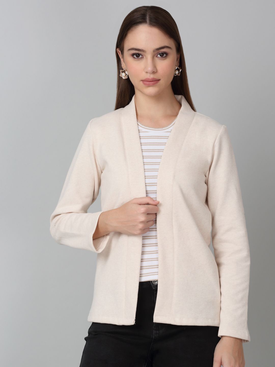 

Dressitude Cotton Fleece Open Front Shrug, Beige