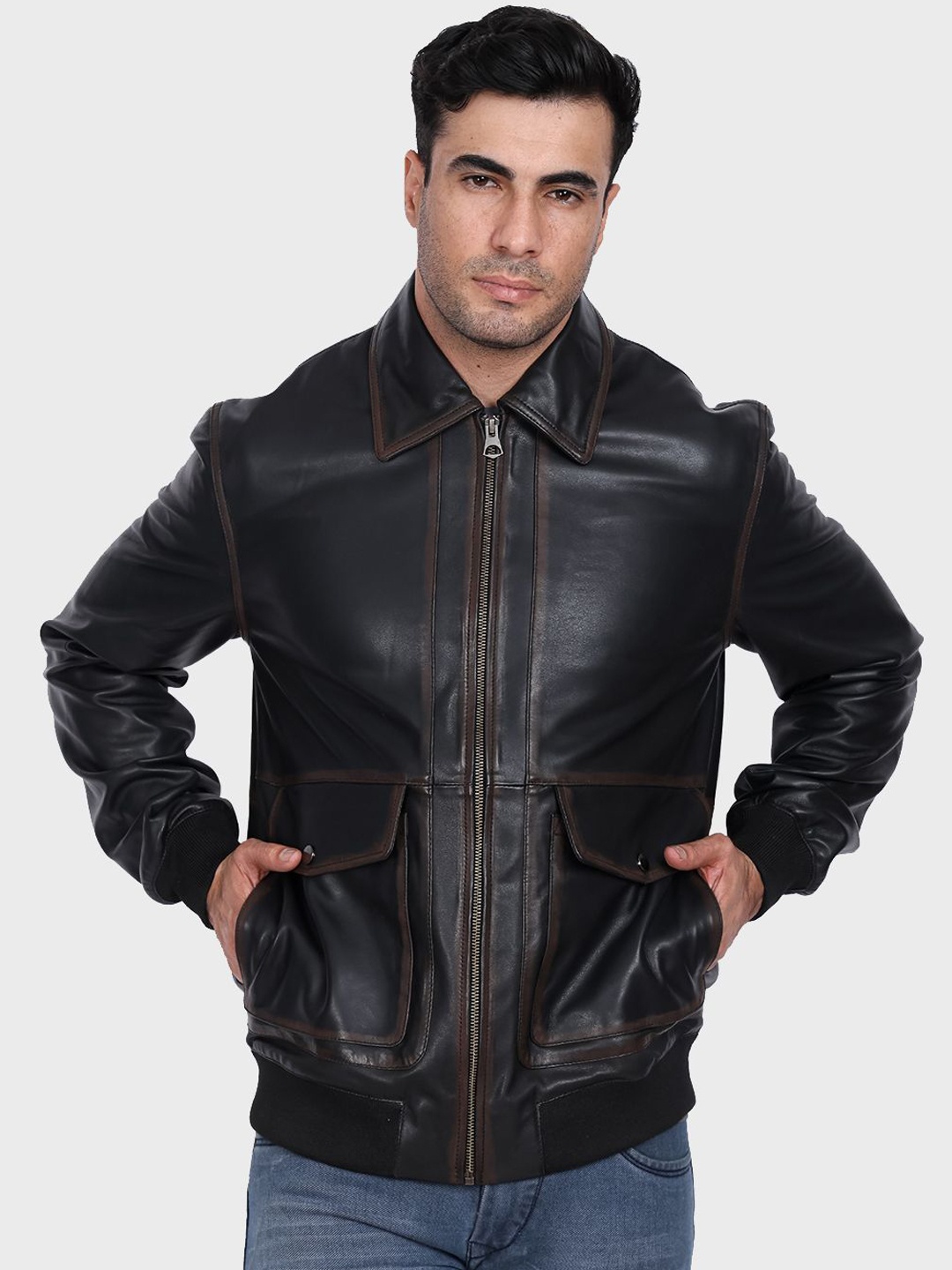 

Justanned Men Spread Collar Solid Leather Casual Leather Jacket, Black