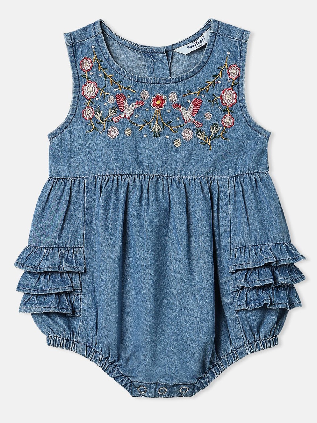 

Nauti Nati Girl Floral Embroidered Denim Sleeveless Romper-Style Dress, Blue