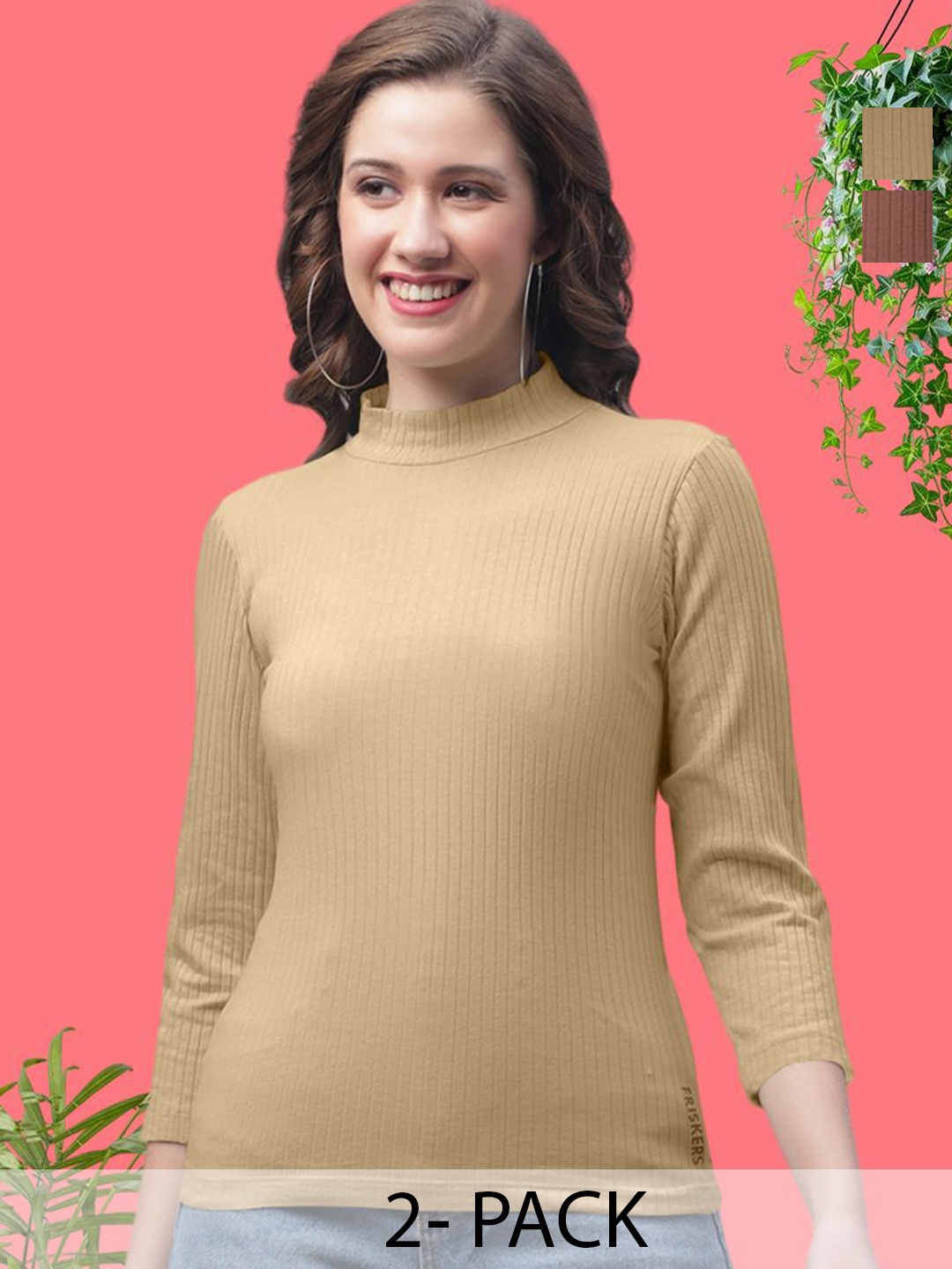 

FBAR Pack Of 2 Women Cotton High Neck Self Design Top, Beige