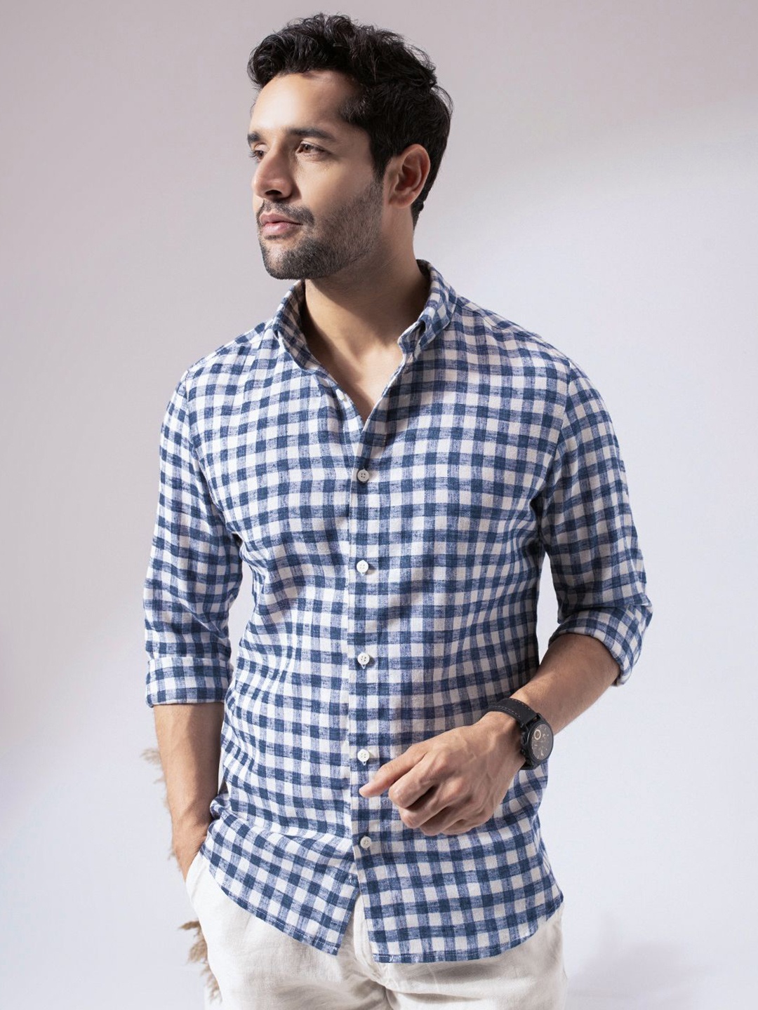 

Perch Men Blue Check Linen Cotton Shirt, White