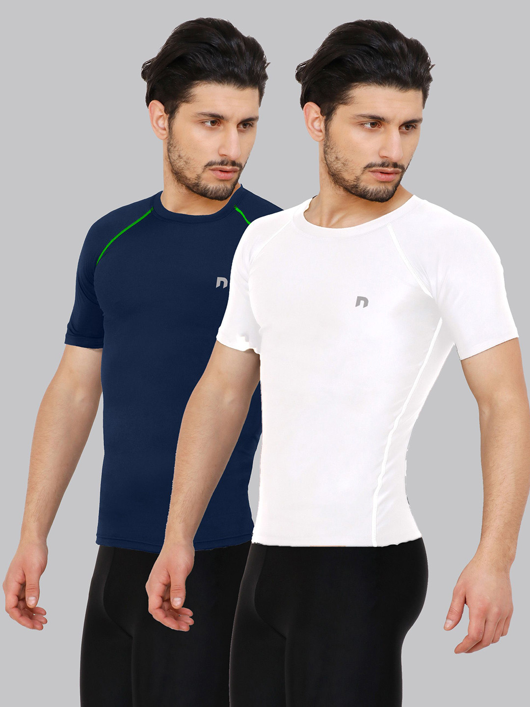 

NEVER LOSE Men Pack Of 2 Solid Round Neck Compression T-shirts, Black