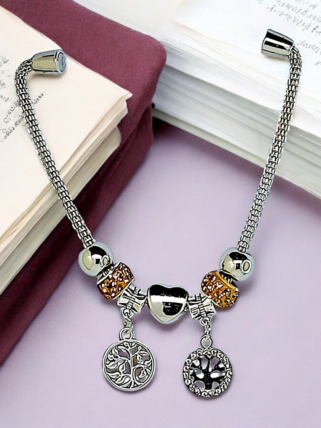 

9blings Silver-Plated Crystals Beaded Tree Of Life Charm Bracelet